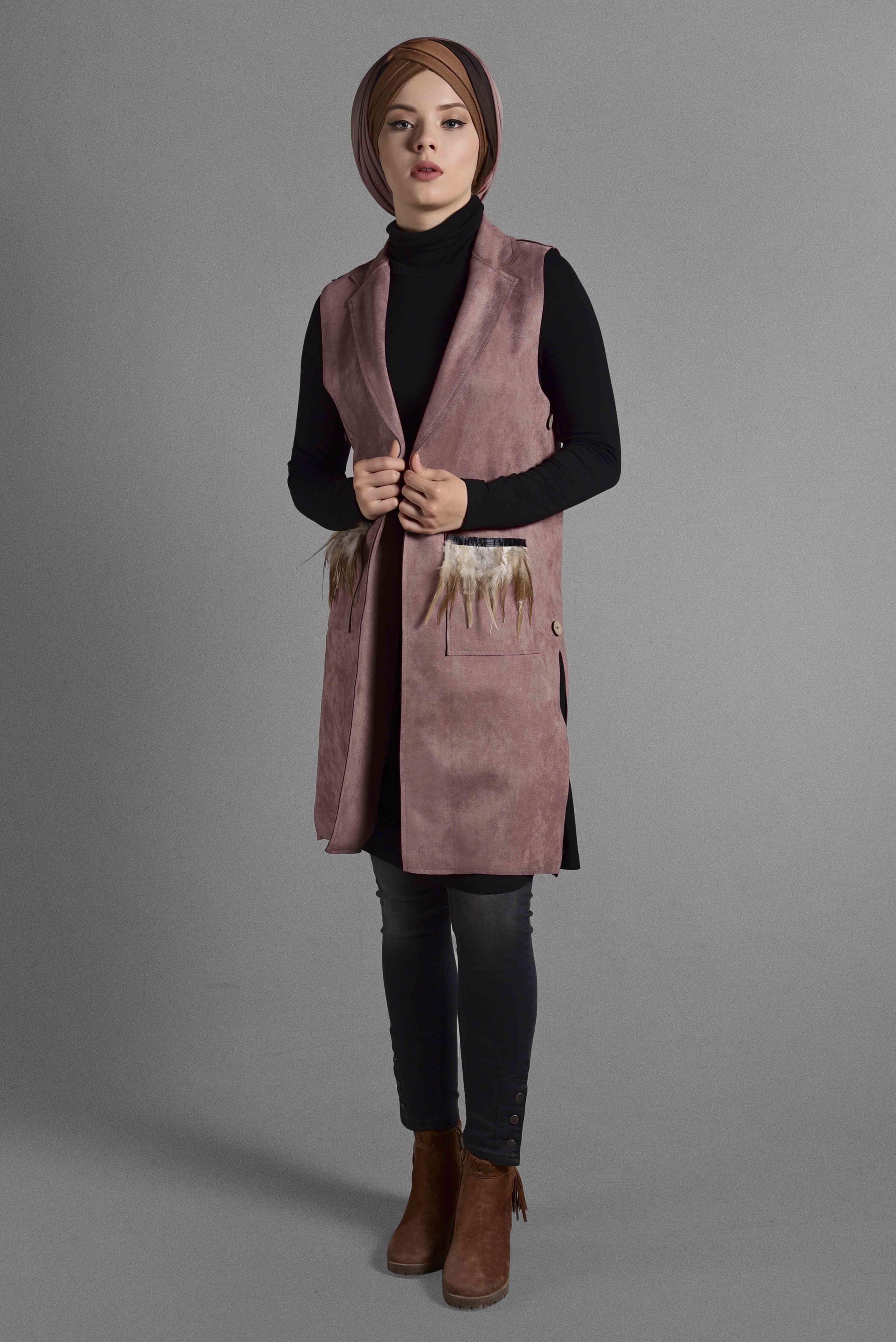 Tesettür giyim PEMBE TÜY DETAYLI SÜET YELEK 4027