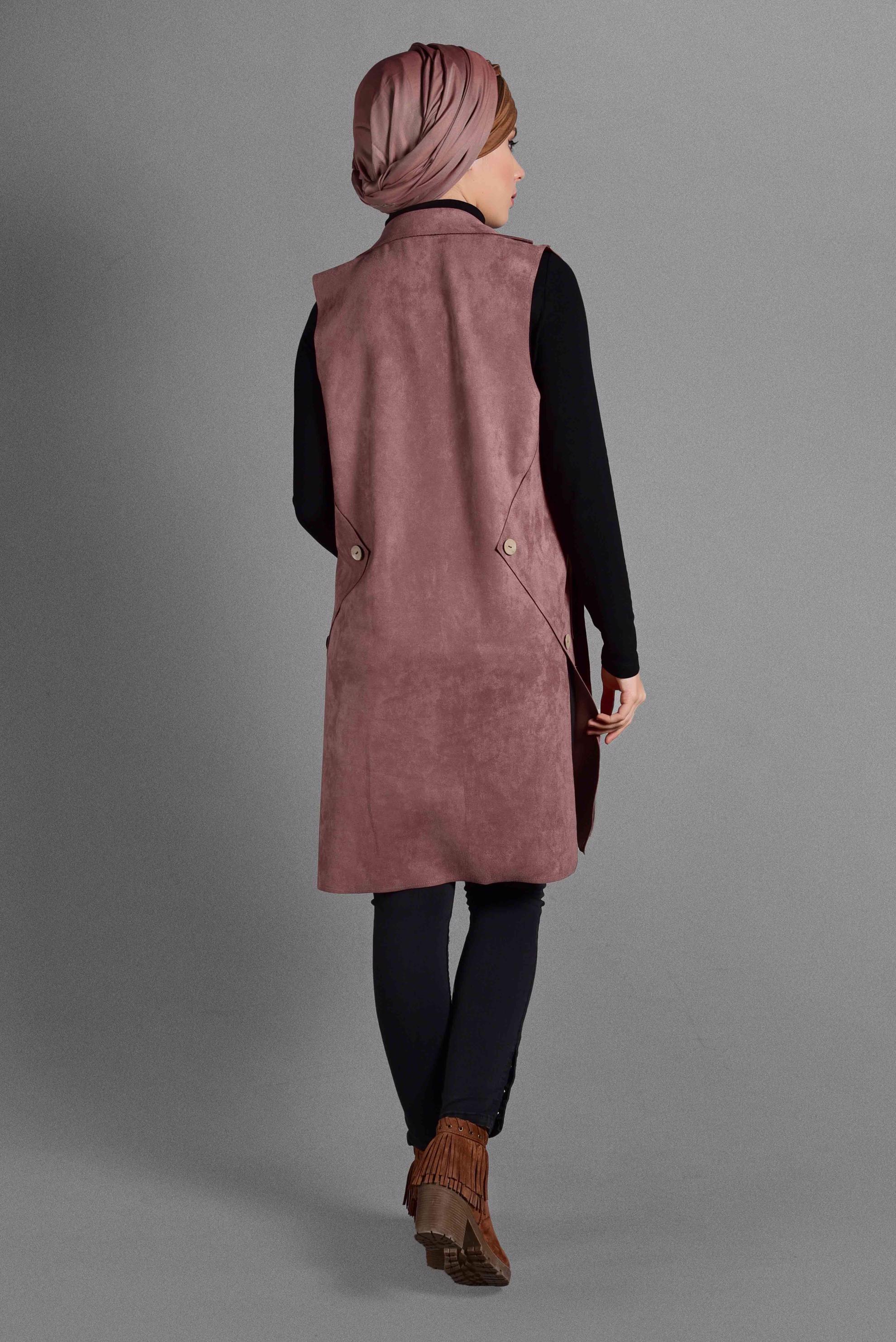 Tesettür giyim PEMBE TÜY DETAYLI SÜET YELEK 4027