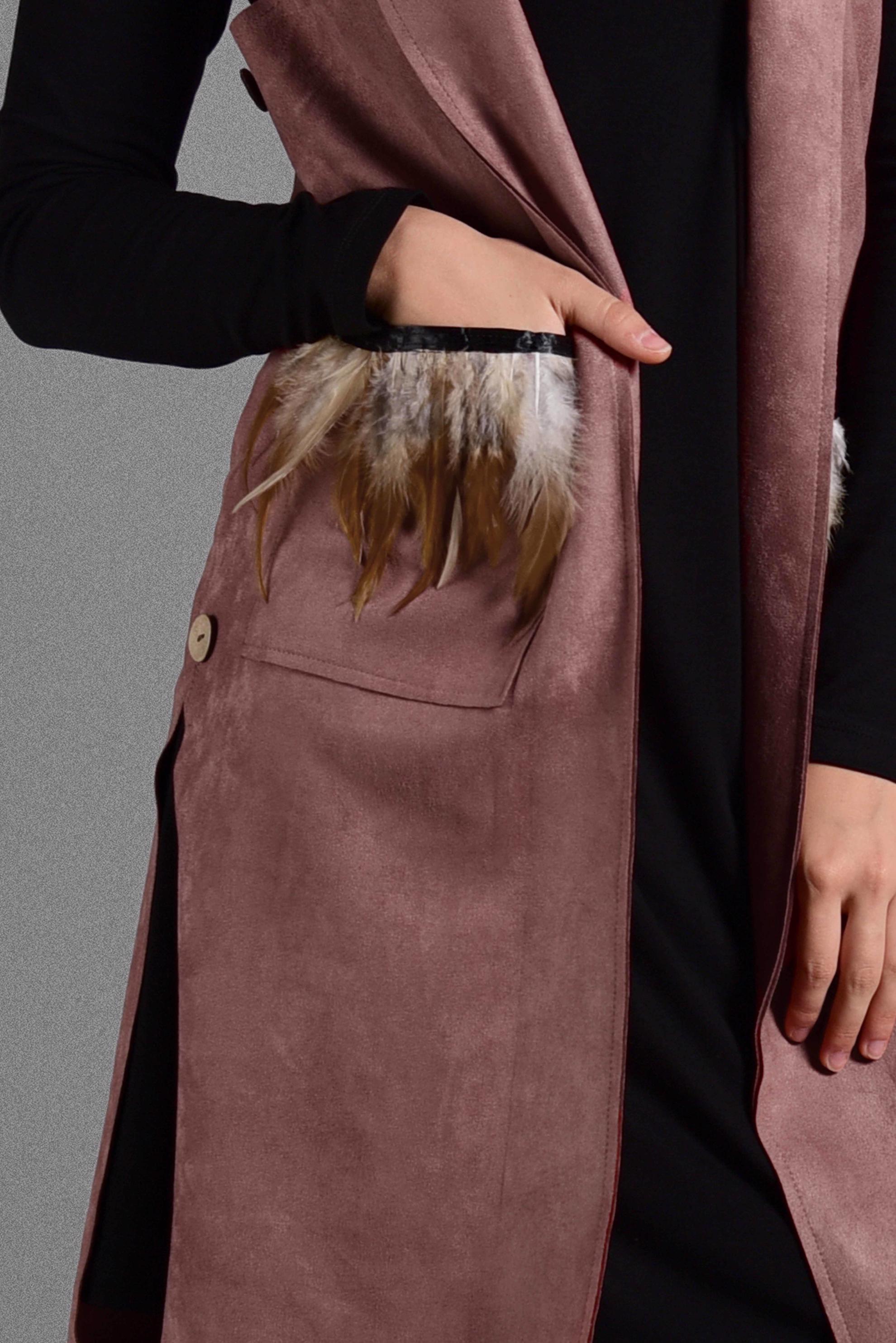 Tesettür giyim PEMBE TÜY DETAYLI SÜET YELEK 4027