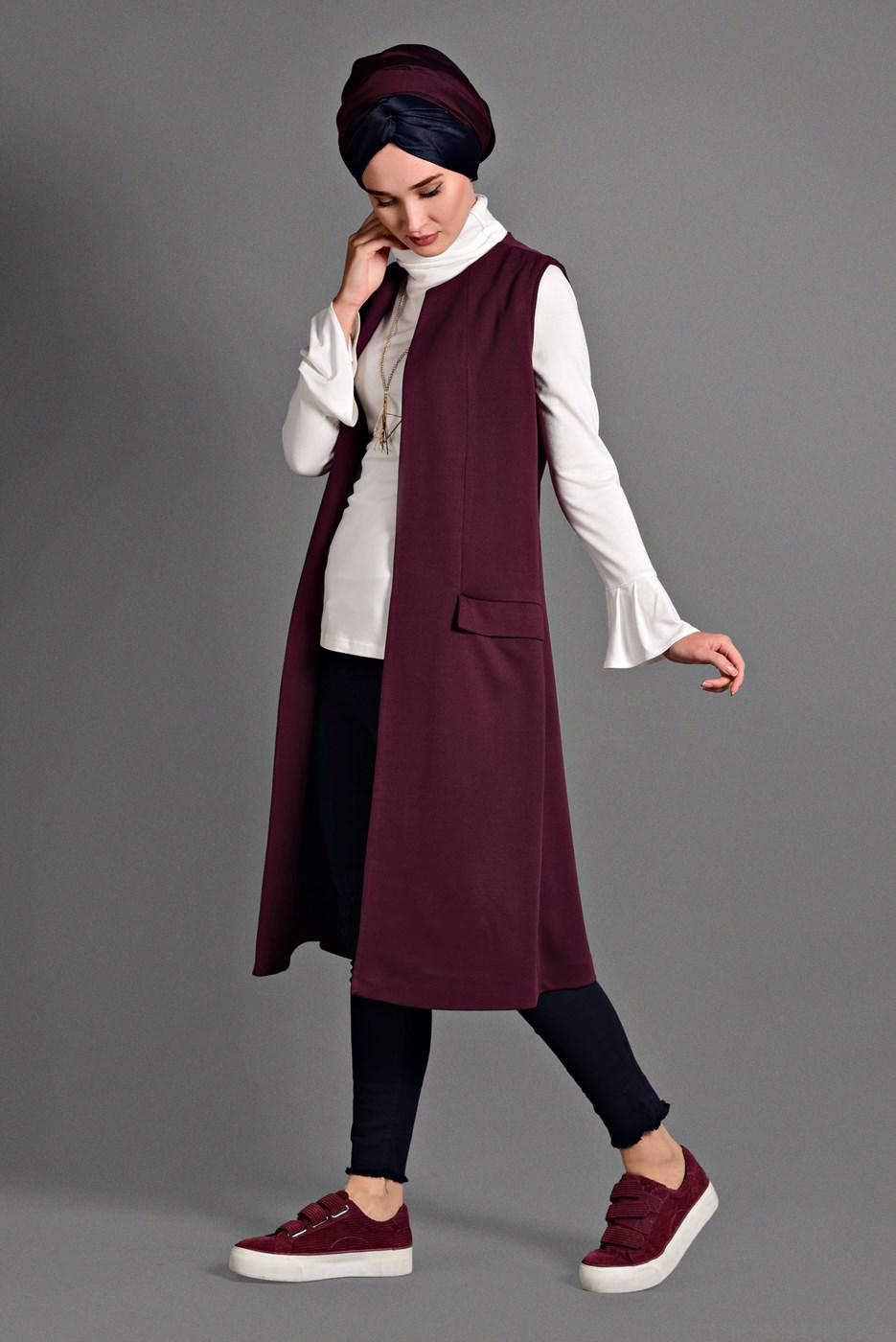 Tesettür giyim BORDO CEP DETAYLI YELEK 4059