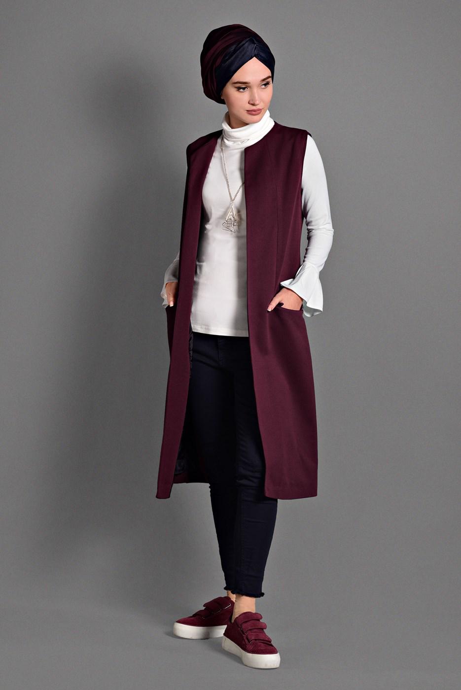 Tesettür giyim BORDO CEP DETAYLI YELEK 4059