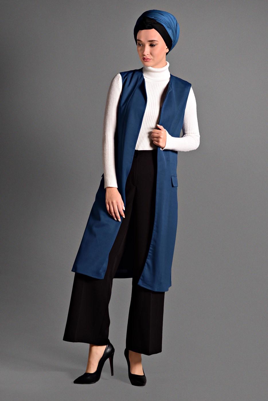 Tesettür giyim LACİVERT CEP DETAYLI YELEK 4059