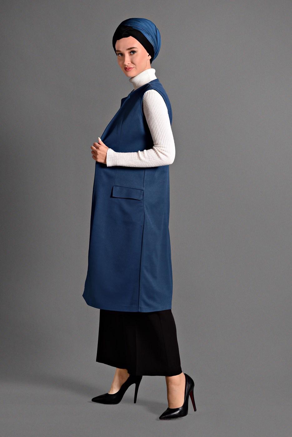 Tesettür giyim LACİVERT CEP DETAYLI YELEK 4059