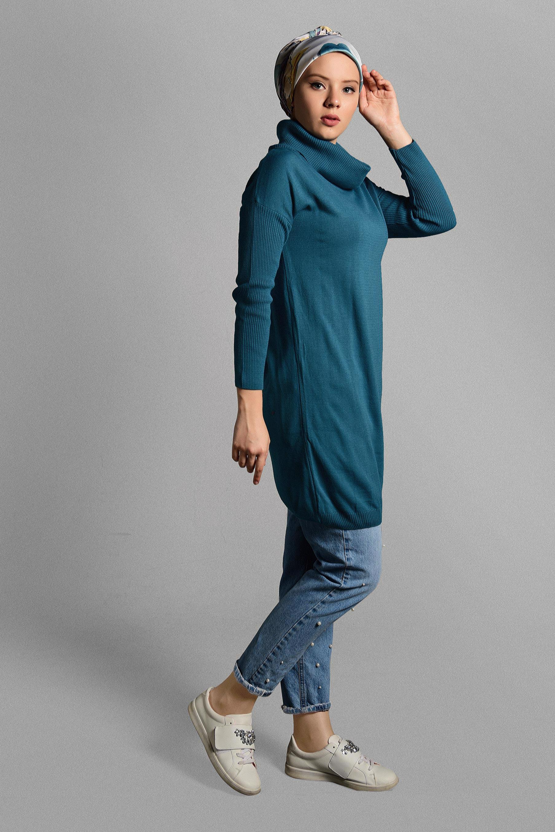 Tesettür giyim MAVİ BALIKÇI YAKA TRİKO TUNİK 4077