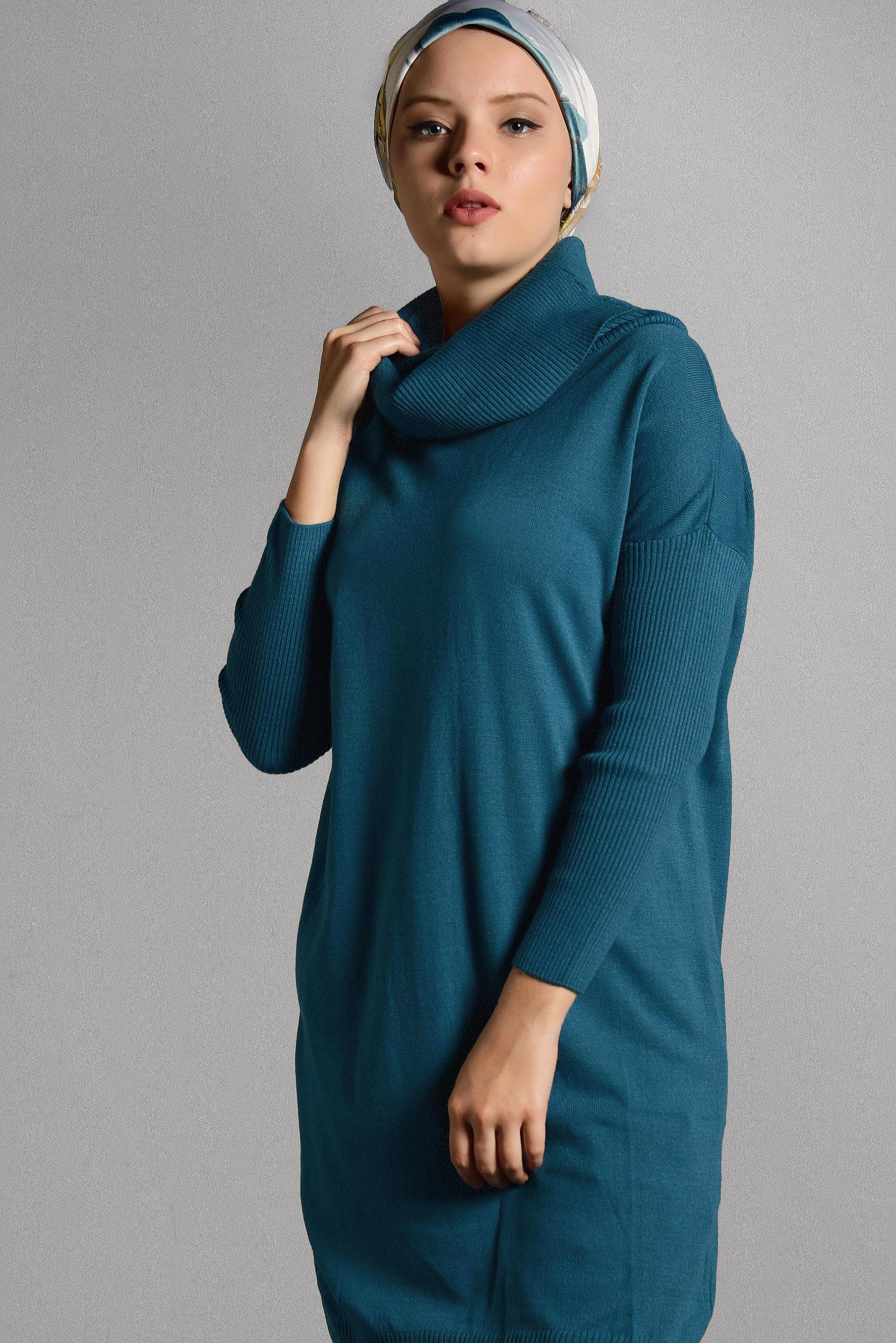 Tesettür giyim MAVİ BALIKÇI YAKA TRİKO TUNİK 4077