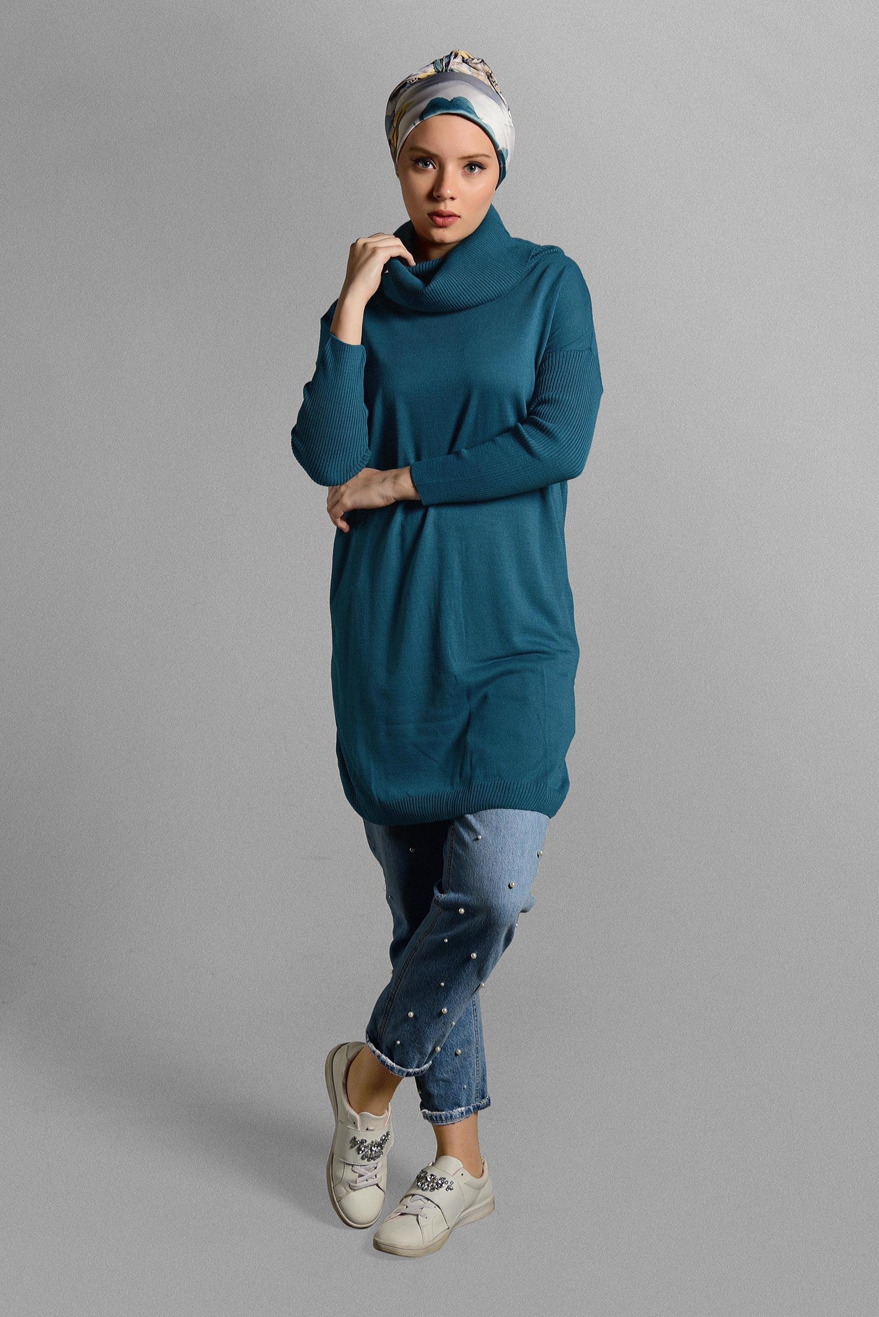 Tesettür giyim MAVİ BALIKÇI YAKA TRİKO TUNİK 4077