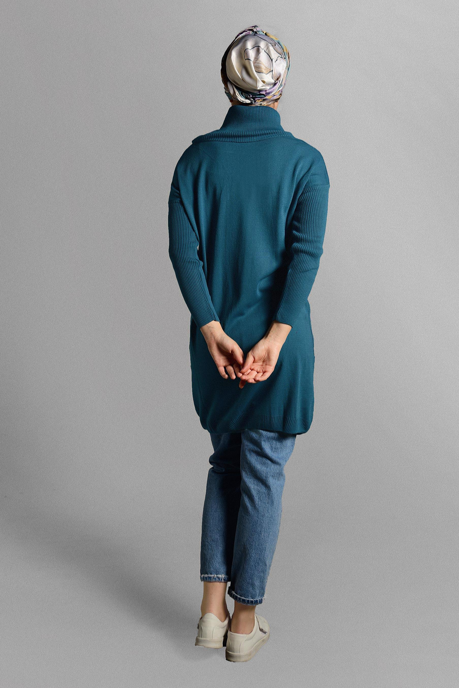 Tesettür giyim MAVİ BALIKÇI YAKA TRİKO TUNİK 4077