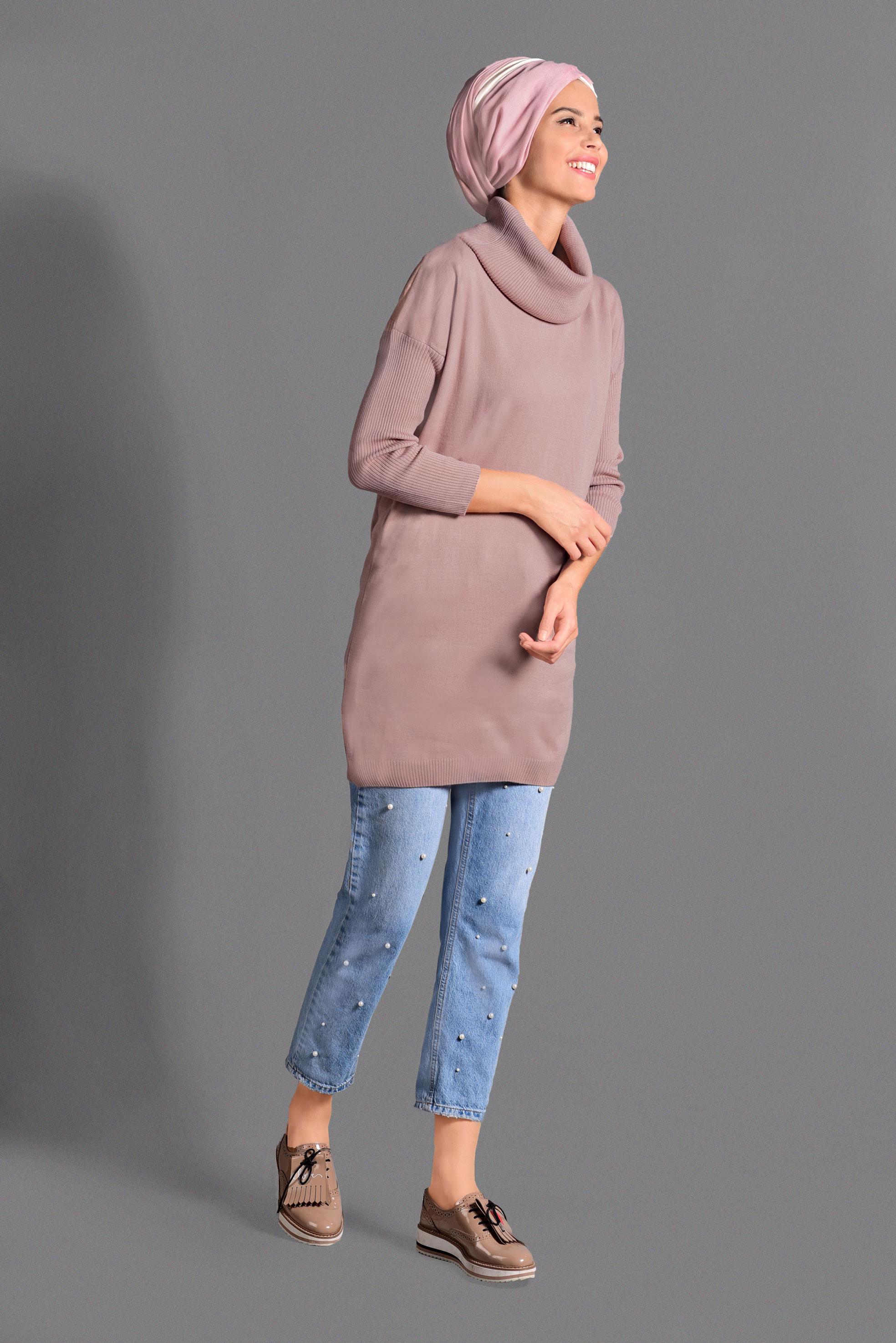 Tesettür giyim PEMBE BALIKÇI YAKA TRİKO TUNİK 4077