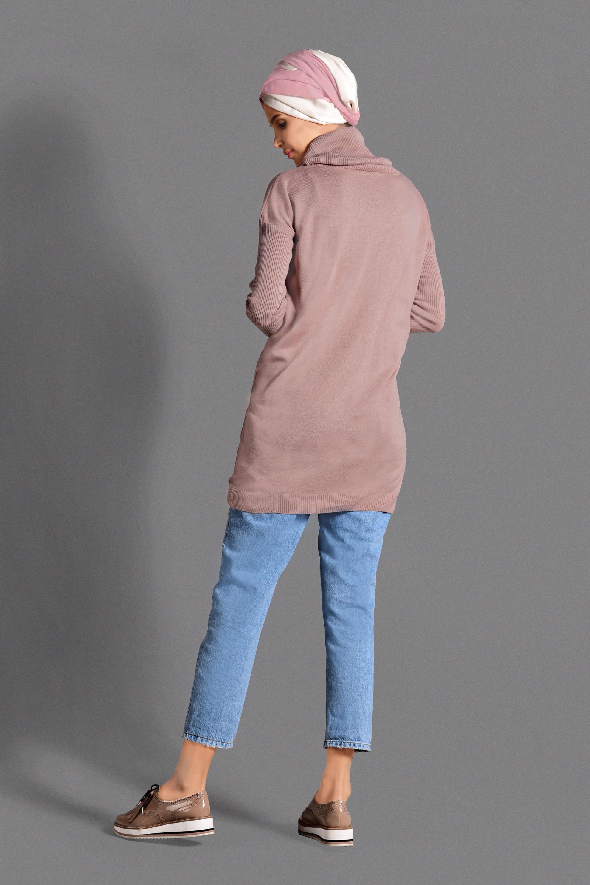Tesettür giyim PEMBE BALIKÇI YAKA TRİKO TUNİK 4077