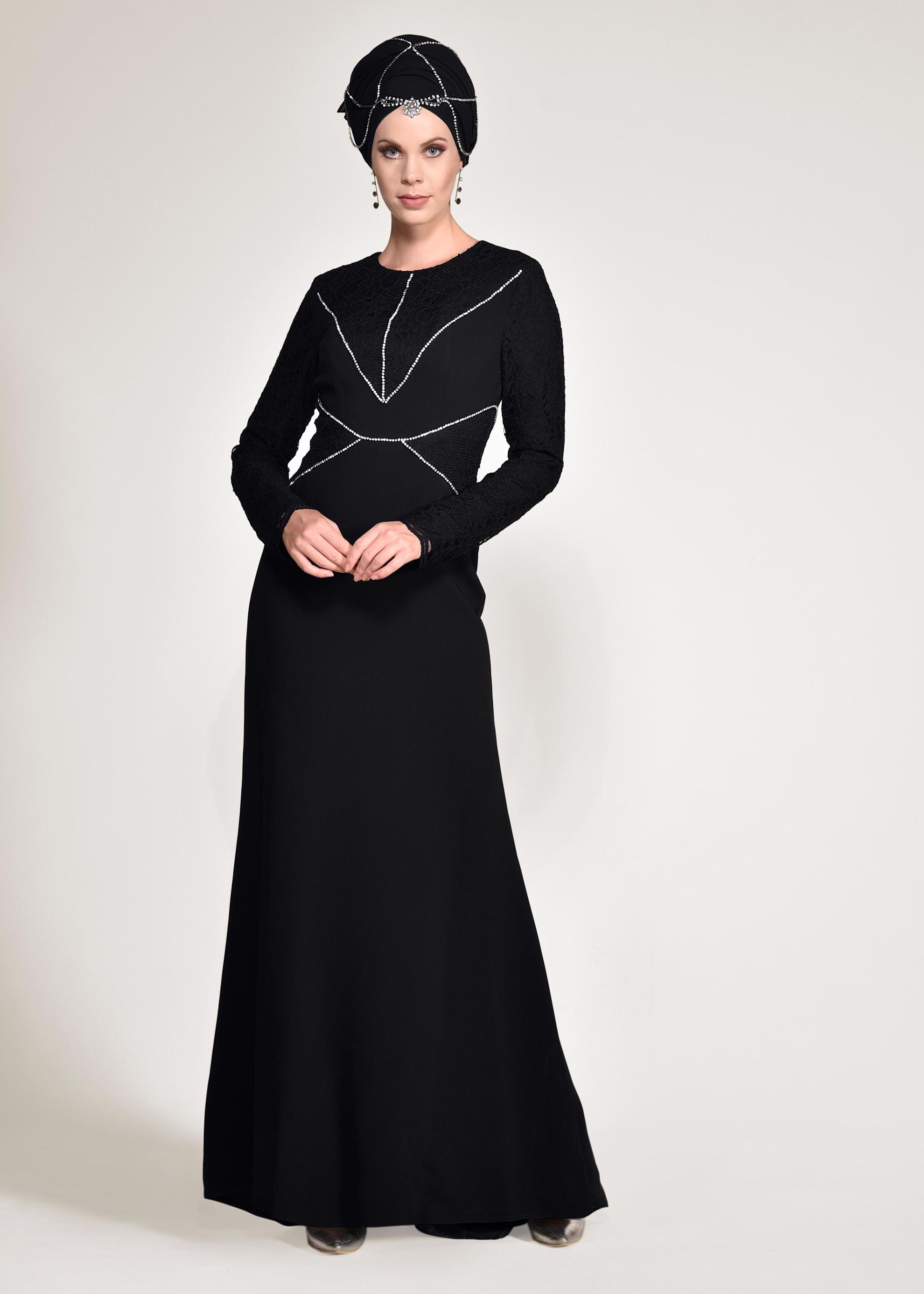 Tesettür giyim SİYAH TAŞ DETAYLI GÜPÜRLÜ ABİYE ELBİSE 5423