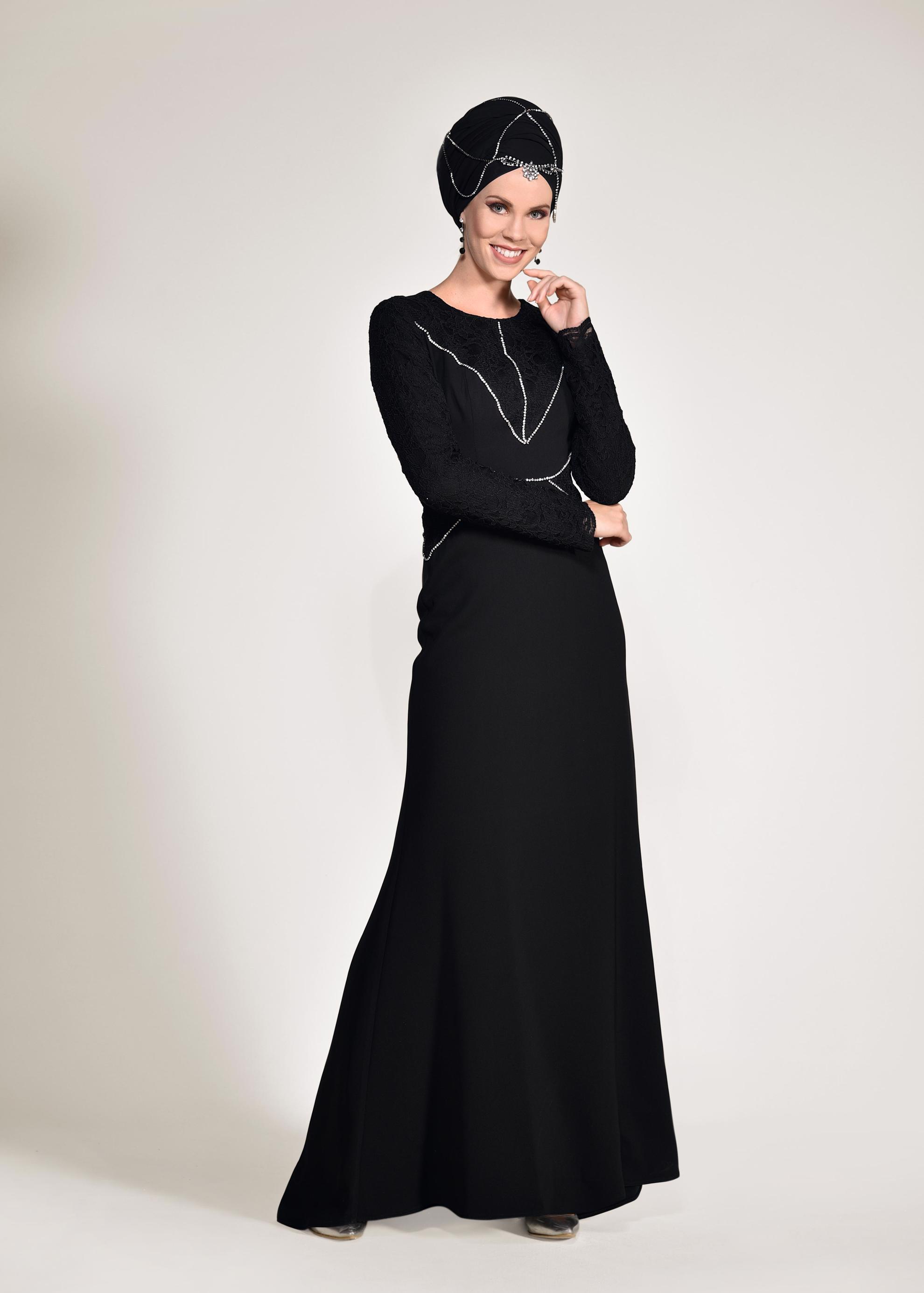 Tesettür giyim SİYAH TAŞ DETAYLI GÜPÜRLÜ ABİYE ELBİSE 5423