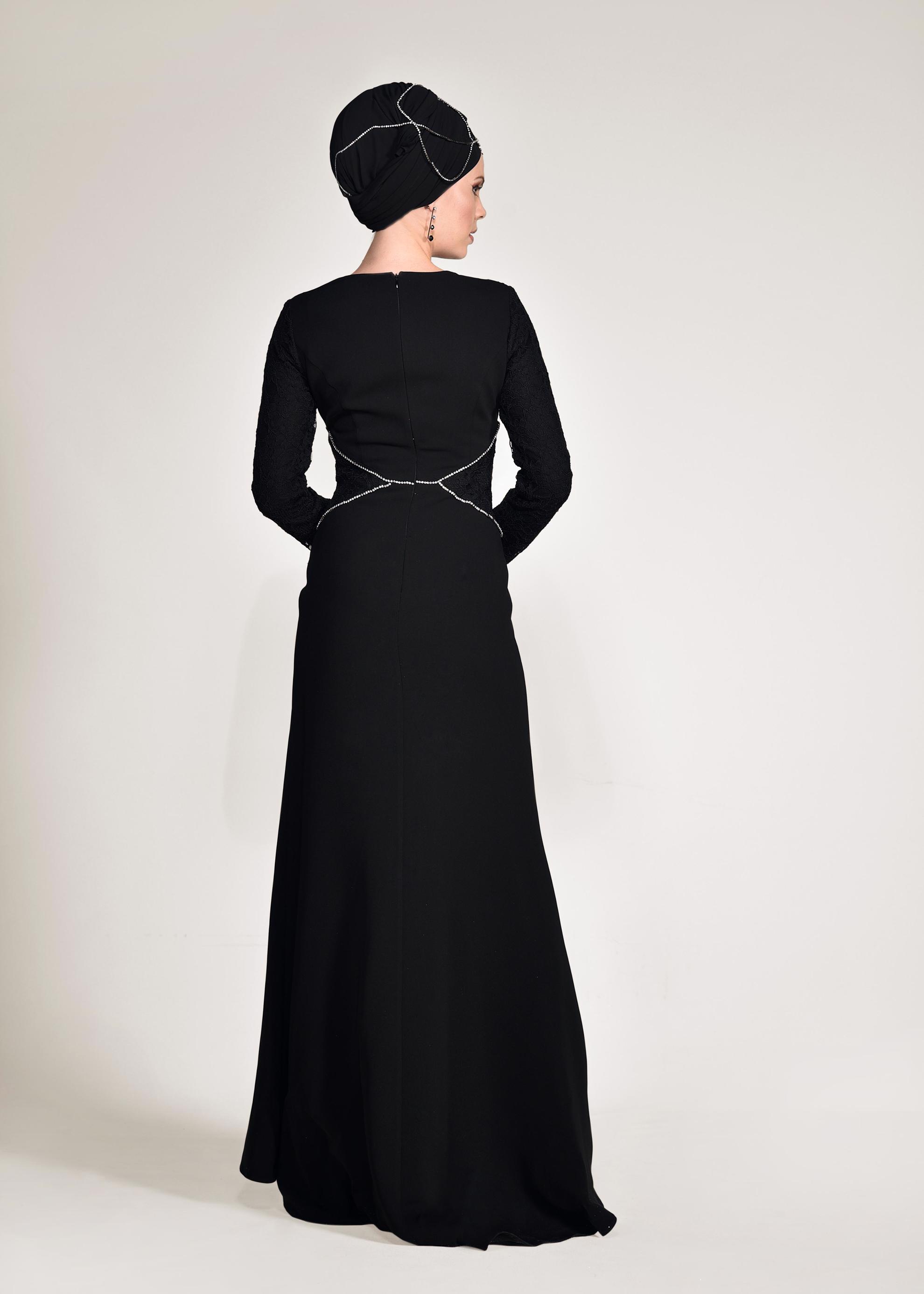 Tesettür giyim SİYAH TAŞ DETAYLI GÜPÜRLÜ ABİYE ELBİSE 5423