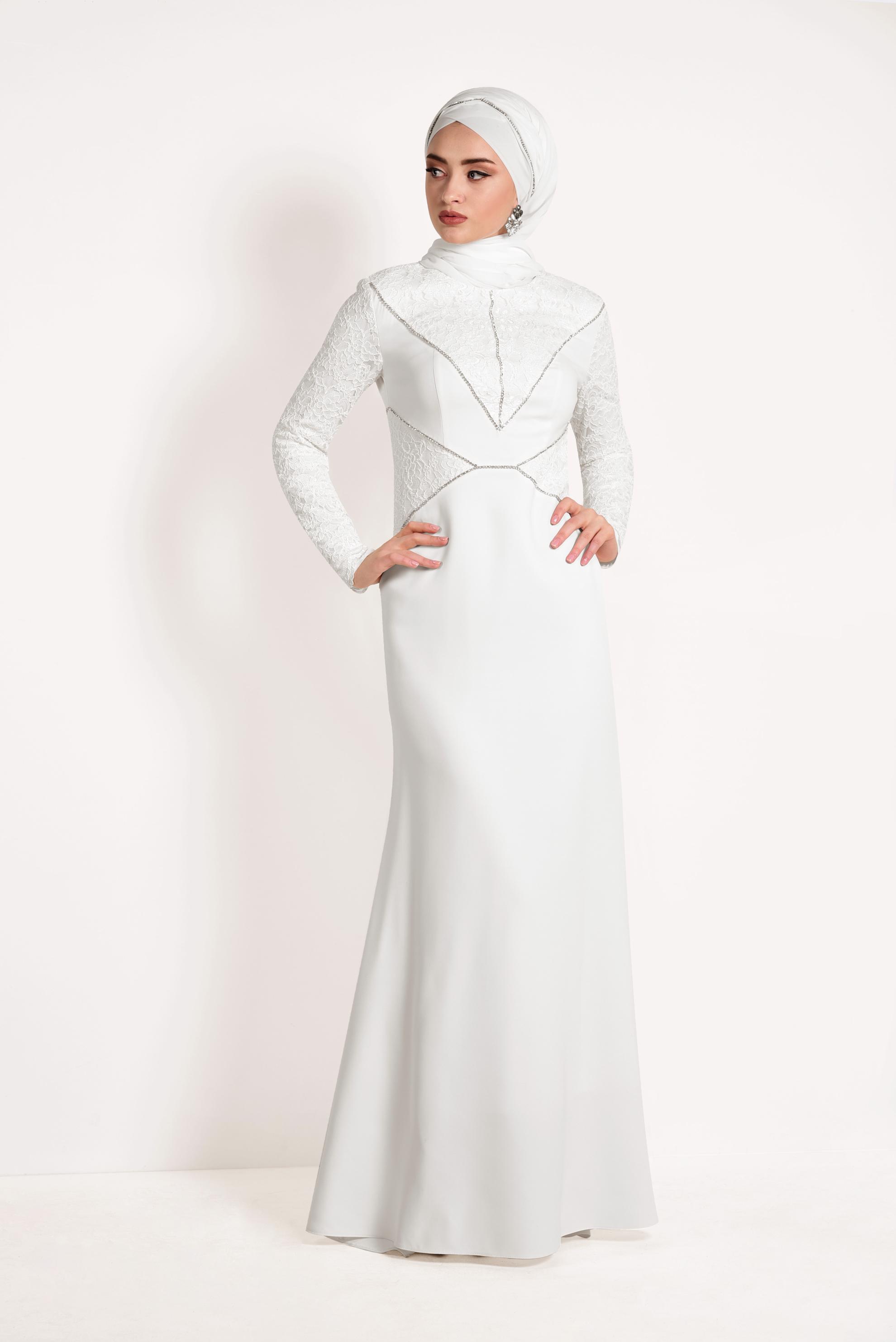 Tesettür giyim BEYAZ TAŞ DETAYLI GÜPÜRLÜ ABİYE ELBİSE 5423