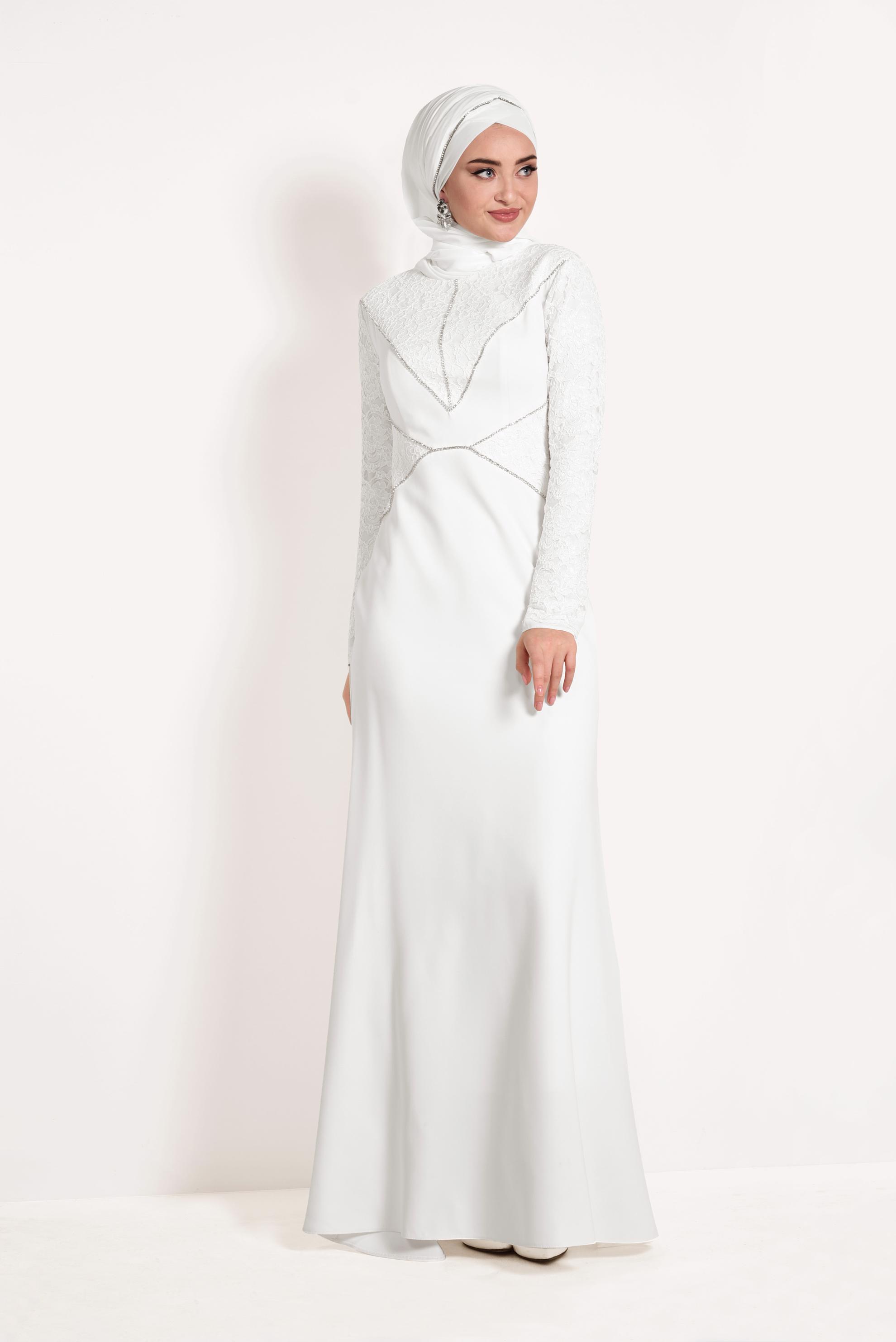 Tesettür giyim BEYAZ TAŞ DETAYLI GÜPÜRLÜ ABİYE ELBİSE 5423