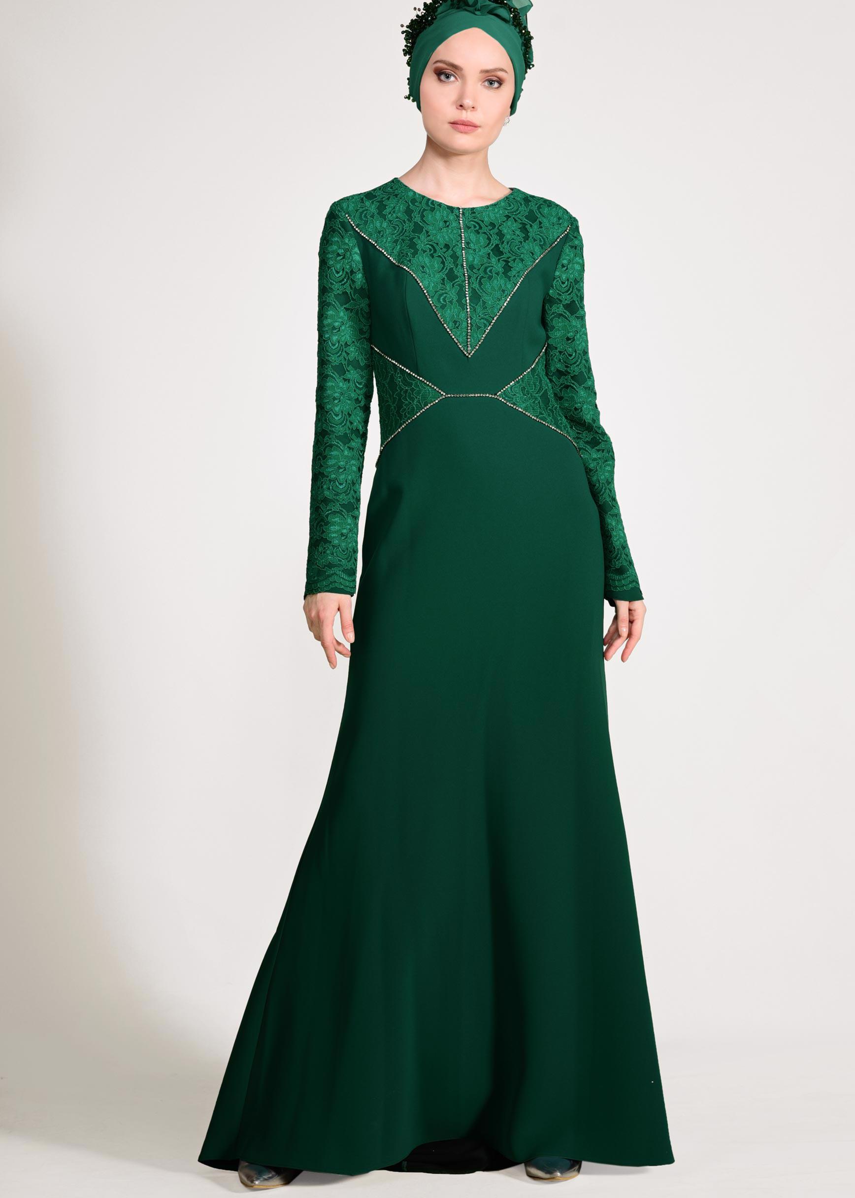 Tesettür giyim YEŞİL TAŞ DETAYLI GÜPÜRLÜ ABİYE ELBİSE 5423