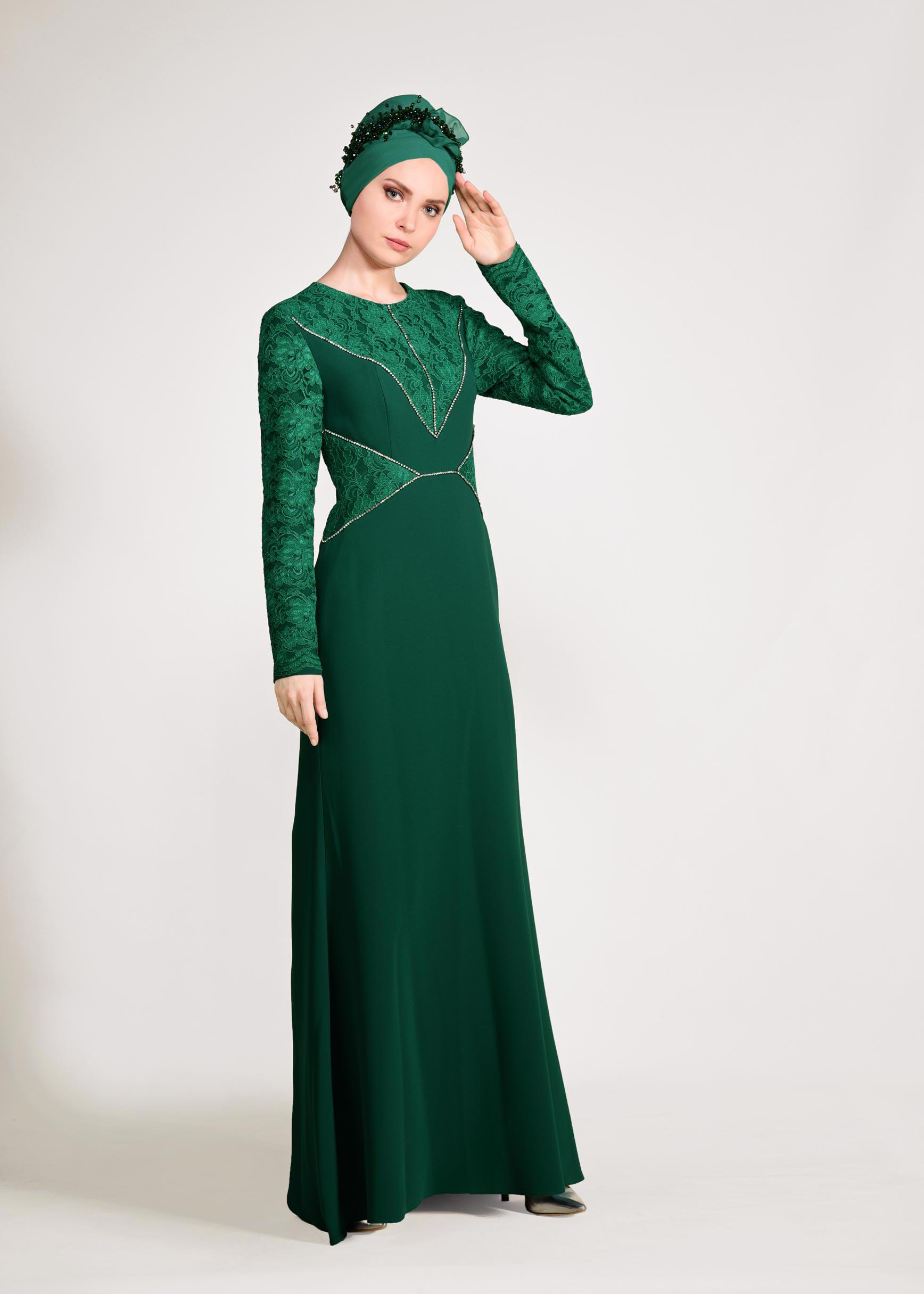 Tesettür giyim YEŞİL TAŞ DETAYLI GÜPÜRLÜ ABİYE ELBİSE 5423