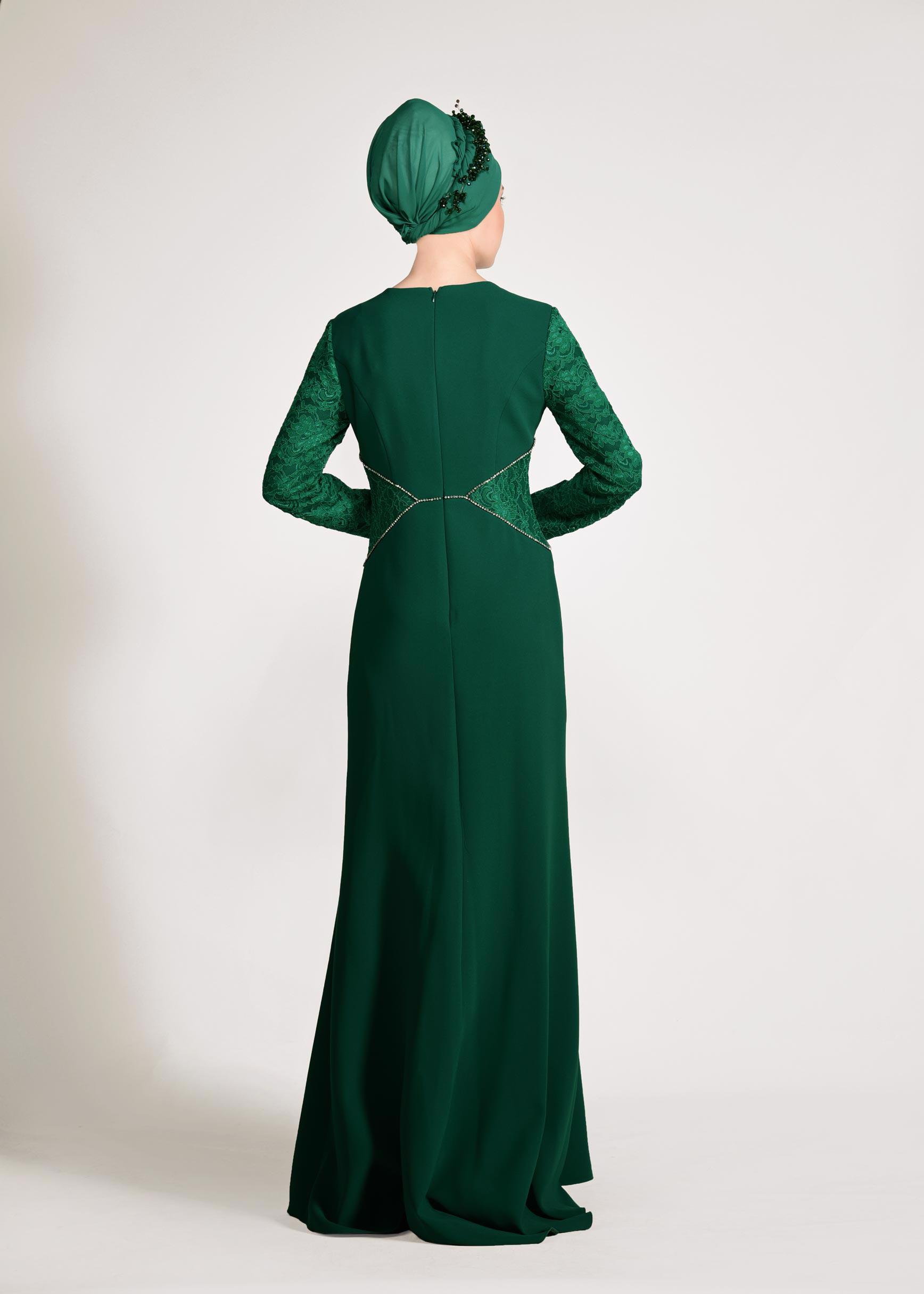 Tesettür giyim YEŞİL TAŞ DETAYLI GÜPÜRLÜ ABİYE ELBİSE 5423