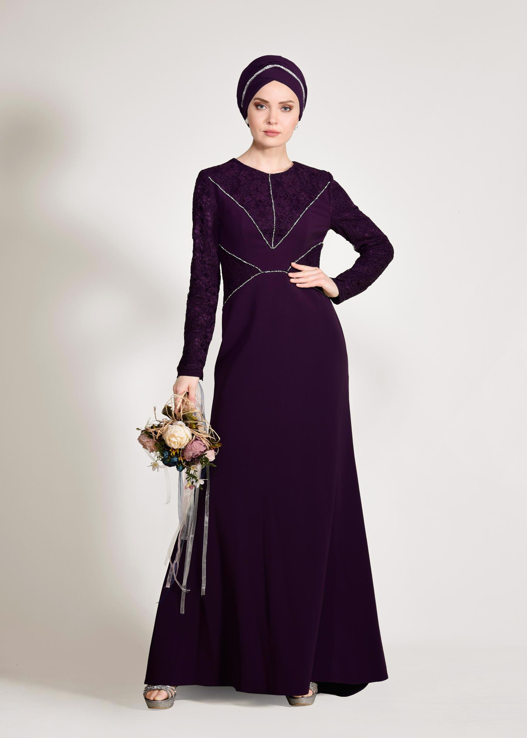 Tesettür giyim MOR TAŞ DETAYLI GÜPÜRLÜ ABİYE ELBİSE 5423