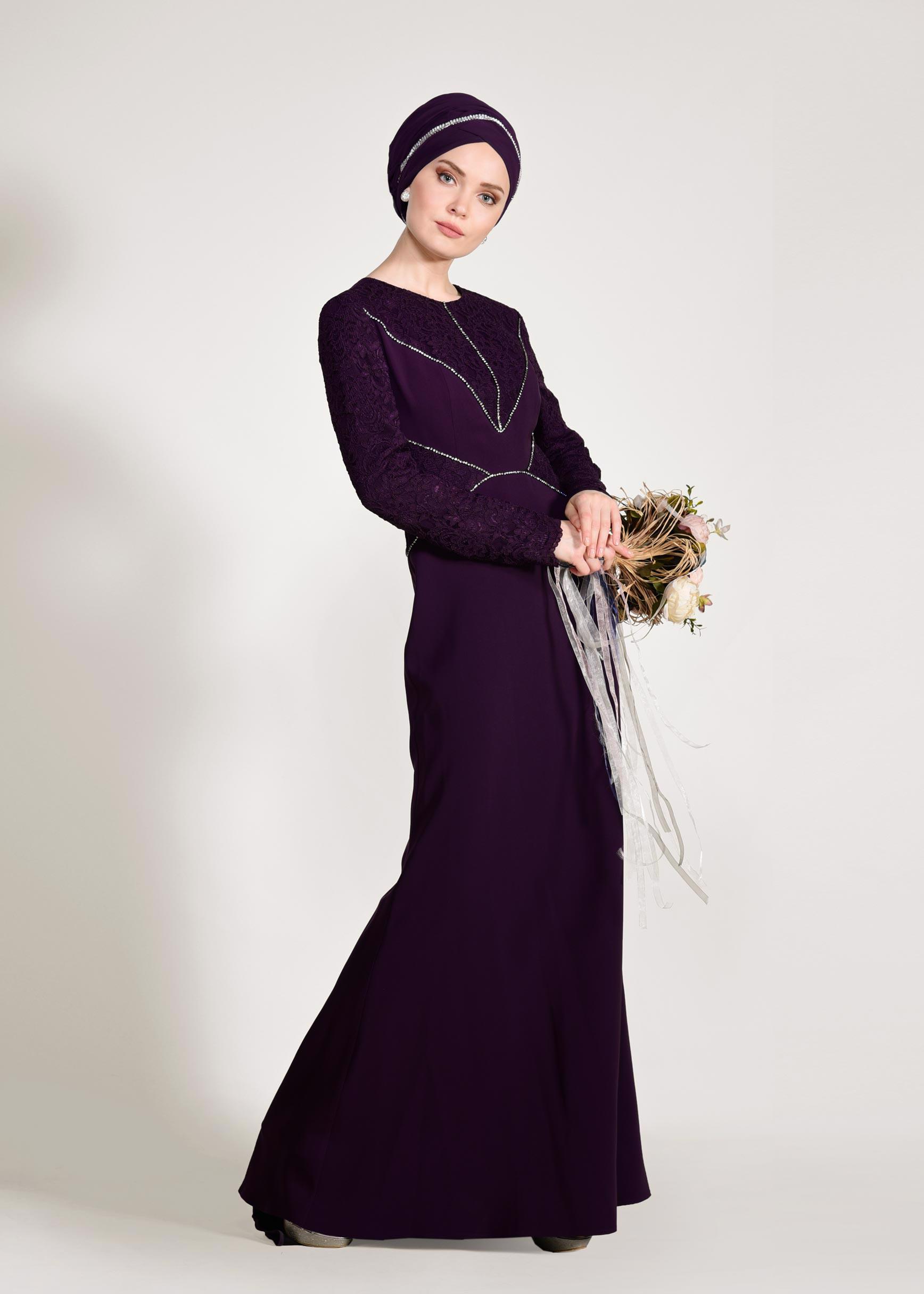 Tesettür giyim MOR TAŞ DETAYLI GÜPÜRLÜ ABİYE ELBİSE 5423