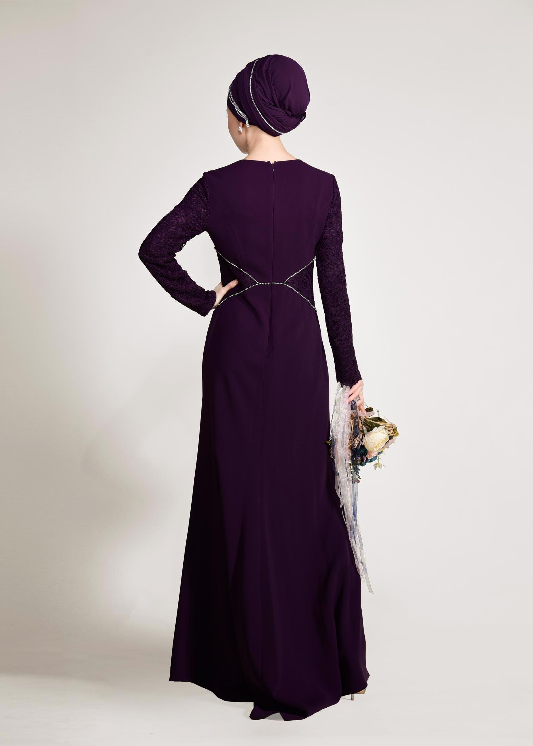 Tesettür giyim MOR TAŞ DETAYLI GÜPÜRLÜ ABİYE ELBİSE 5423