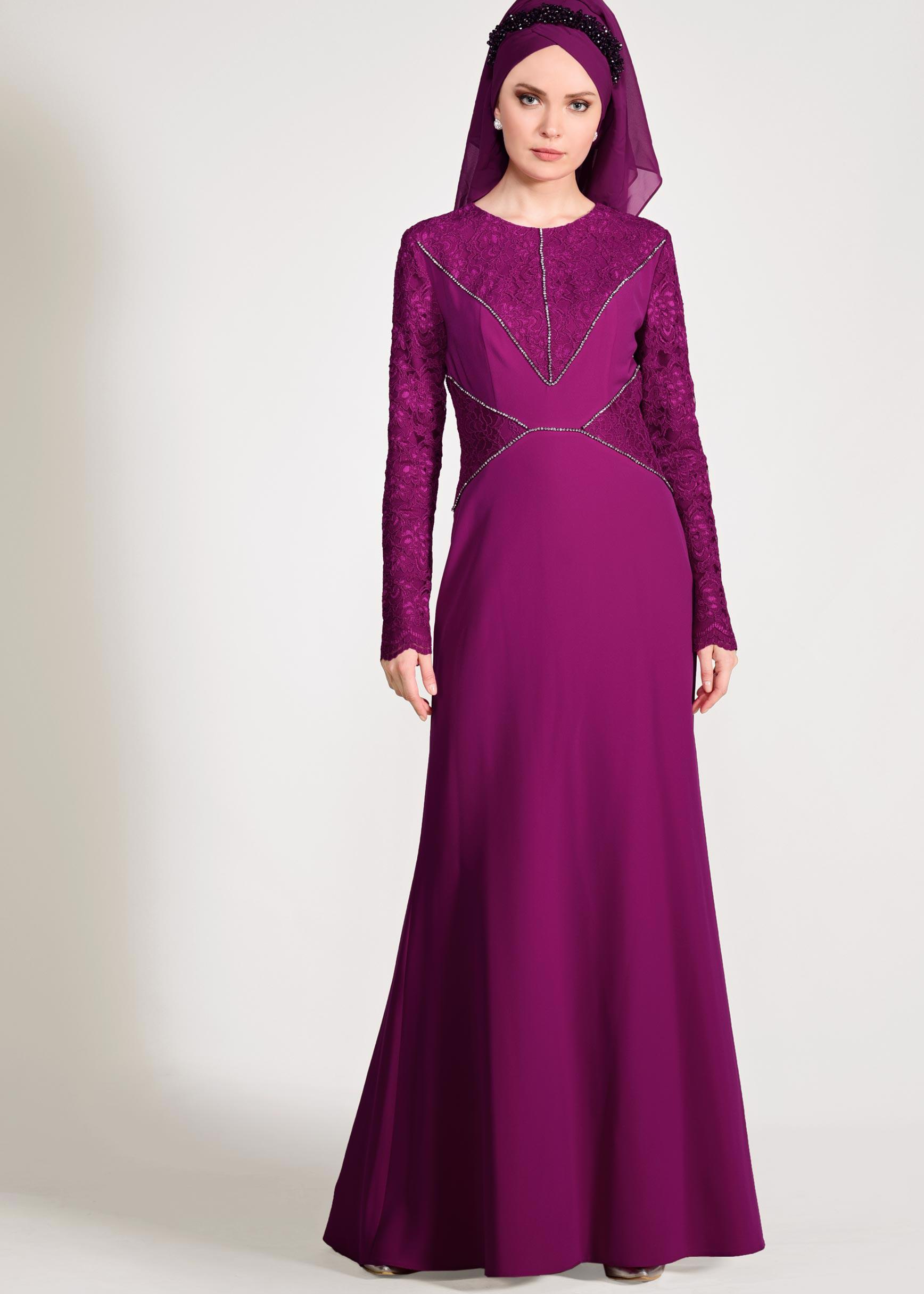 Tesettür giyim FUŞYA TAŞ DETAYLI GÜPÜRLÜ ABİYE ELBİSE 5423