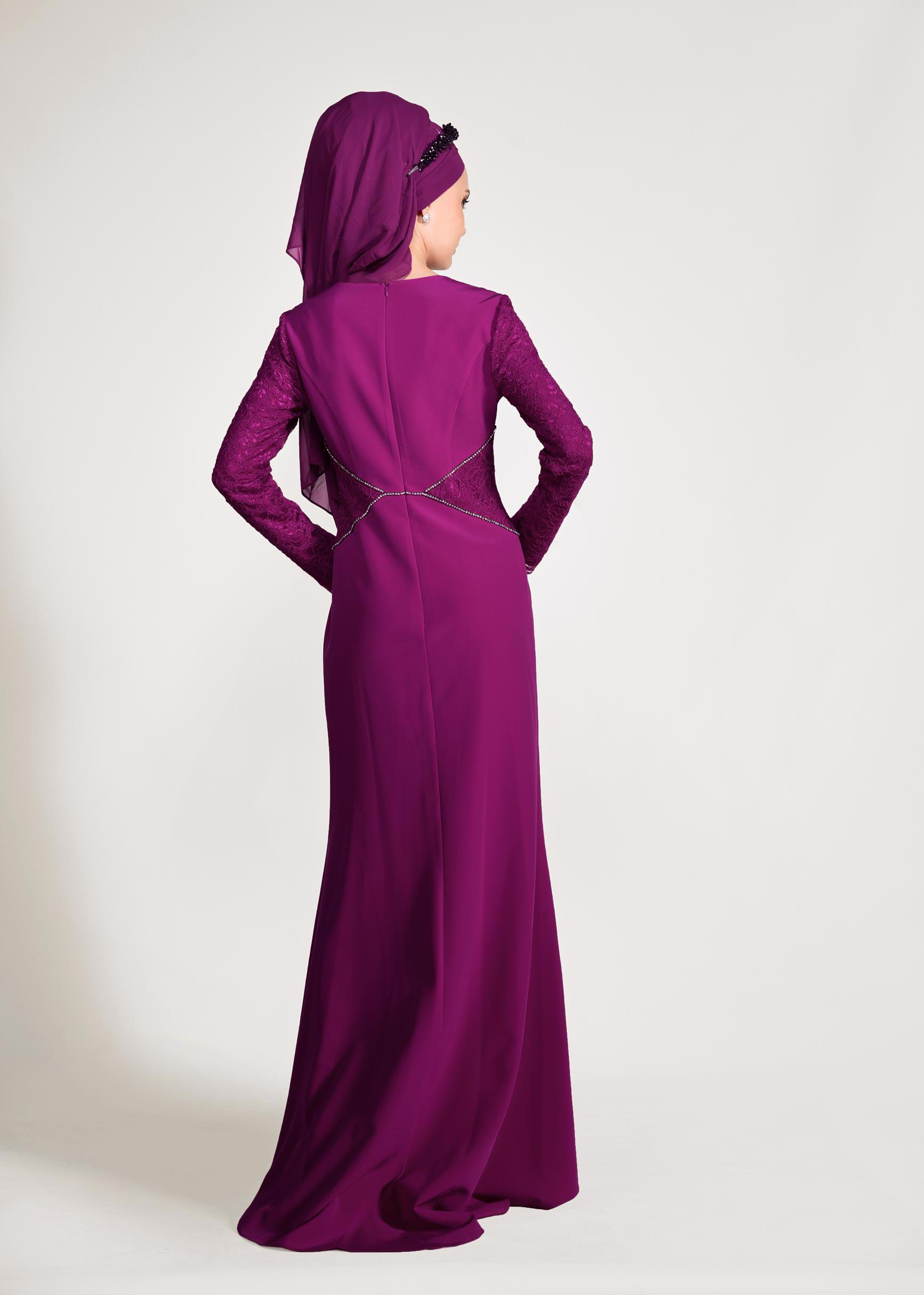 Tesettür giyim FUŞYA TAŞ DETAYLI GÜPÜRLÜ ABİYE ELBİSE 5423