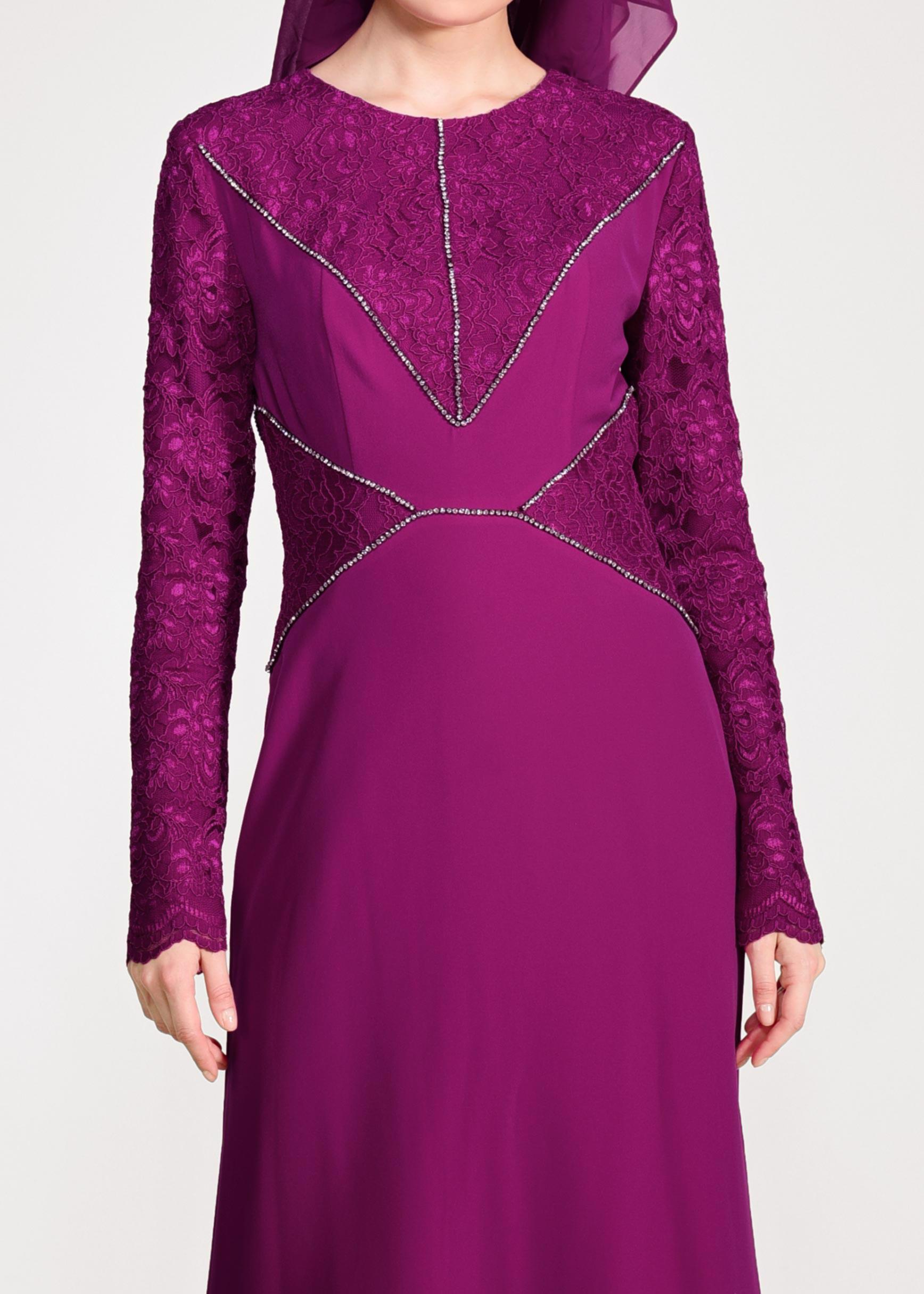 Tesettür giyim FUŞYA TAŞ DETAYLI GÜPÜRLÜ ABİYE ELBİSE 5423