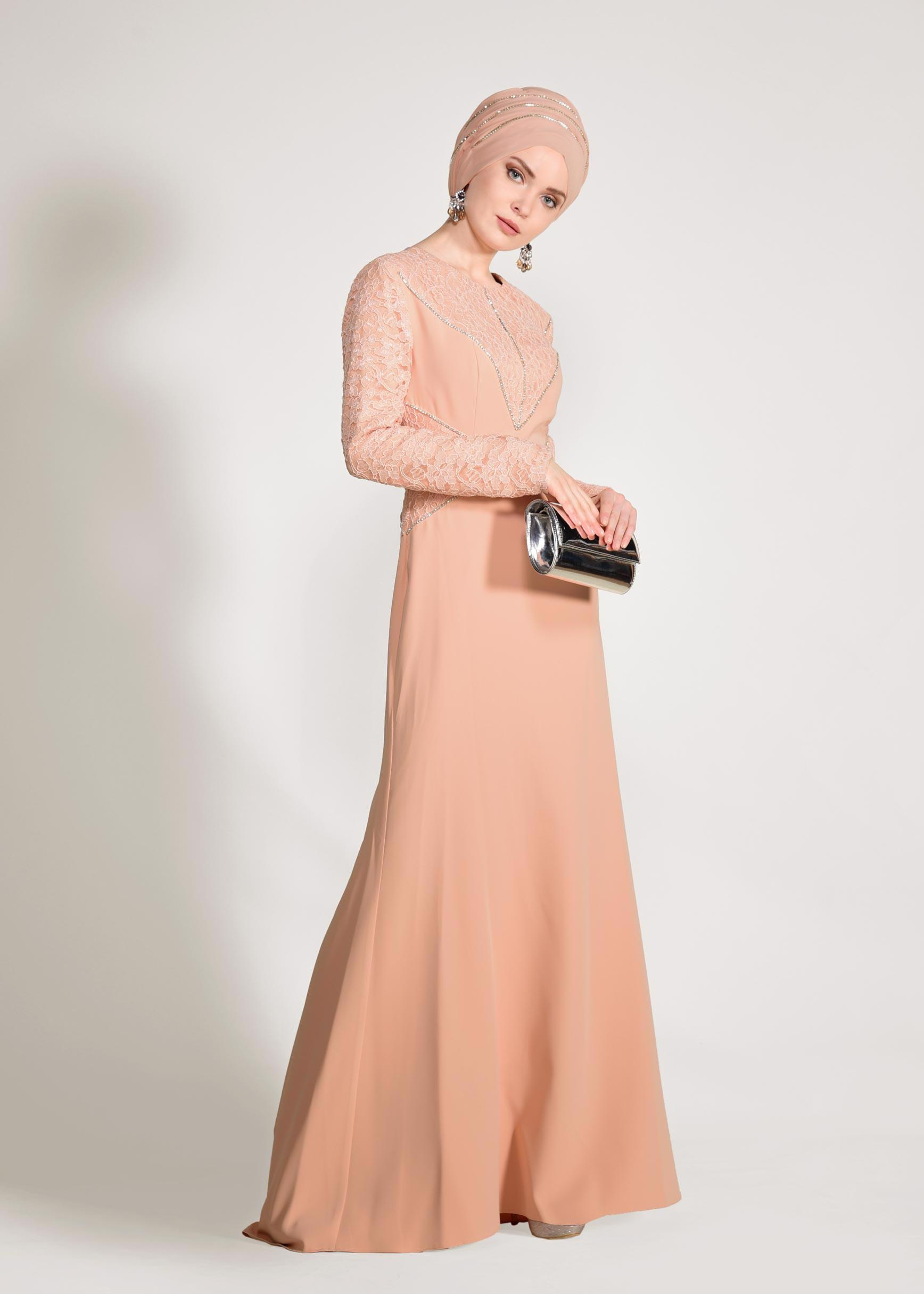 Tesettür giyim PUDRA TAŞ DETAYLI GÜPÜRLÜ ABİYE ELBİSE 5423