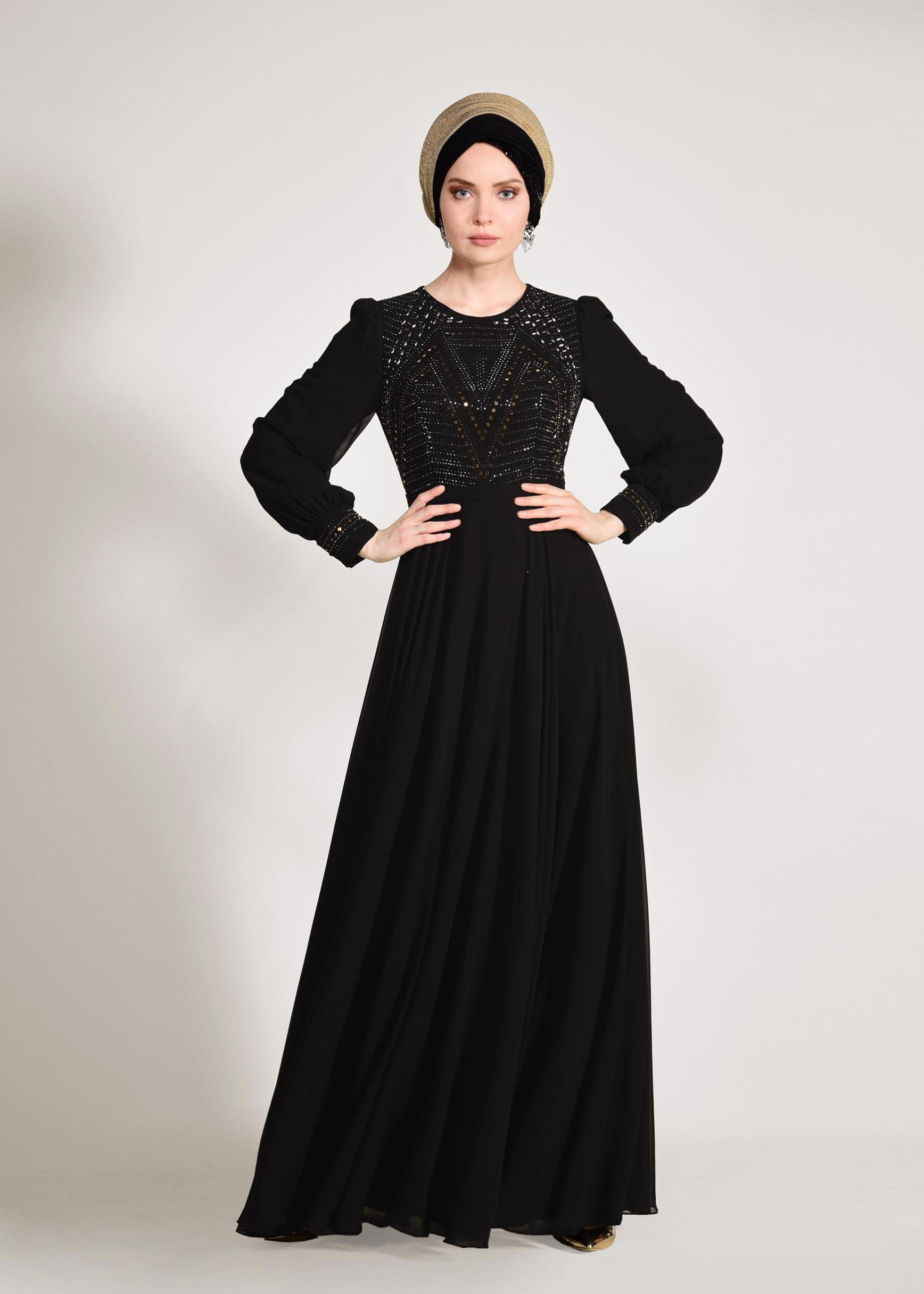 Tesettür giyim SİYAH ŞİFON ABİYE ELBİSE 5426