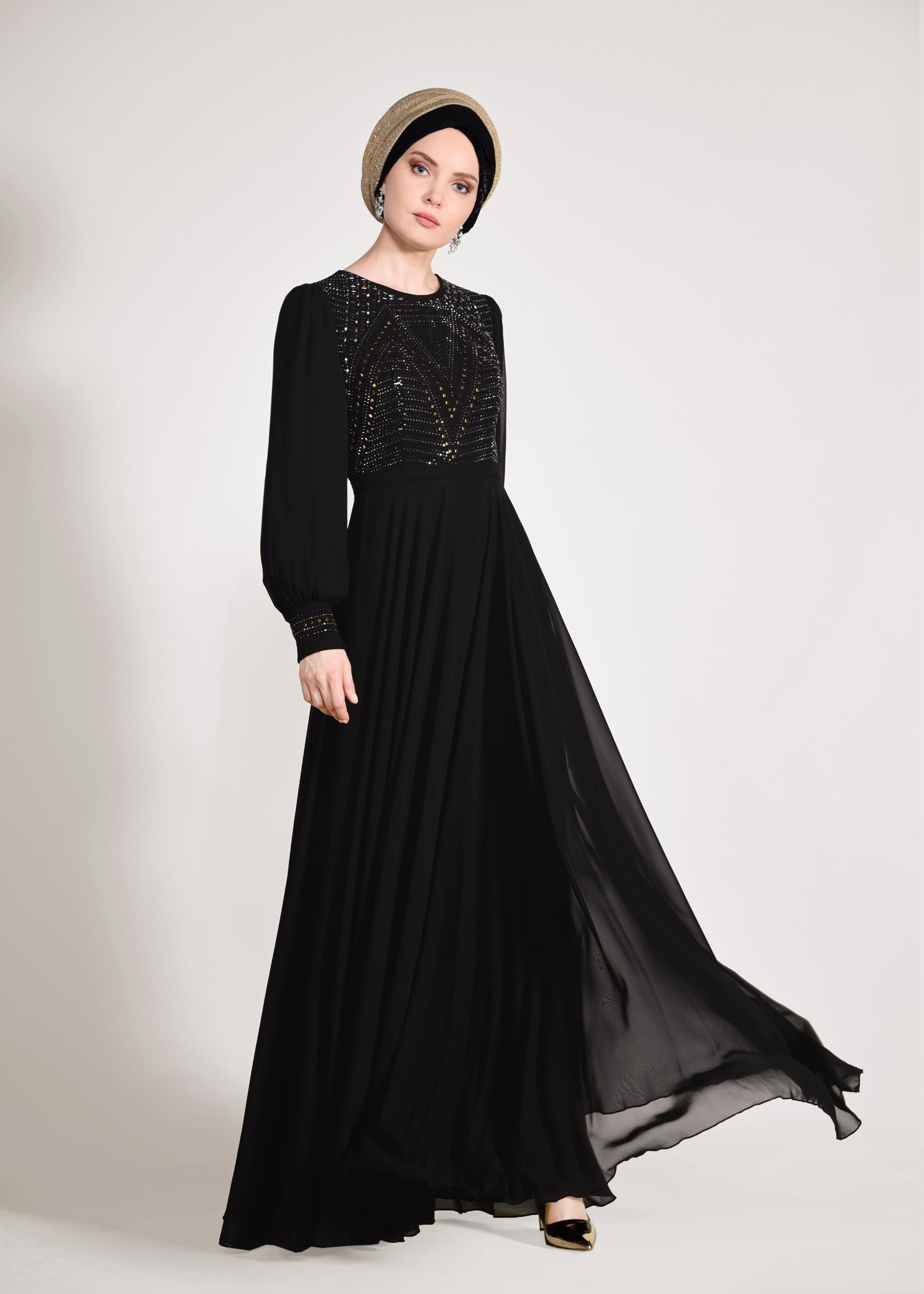 Tesettür giyim SİYAH ŞİFON ABİYE ELBİSE 5426