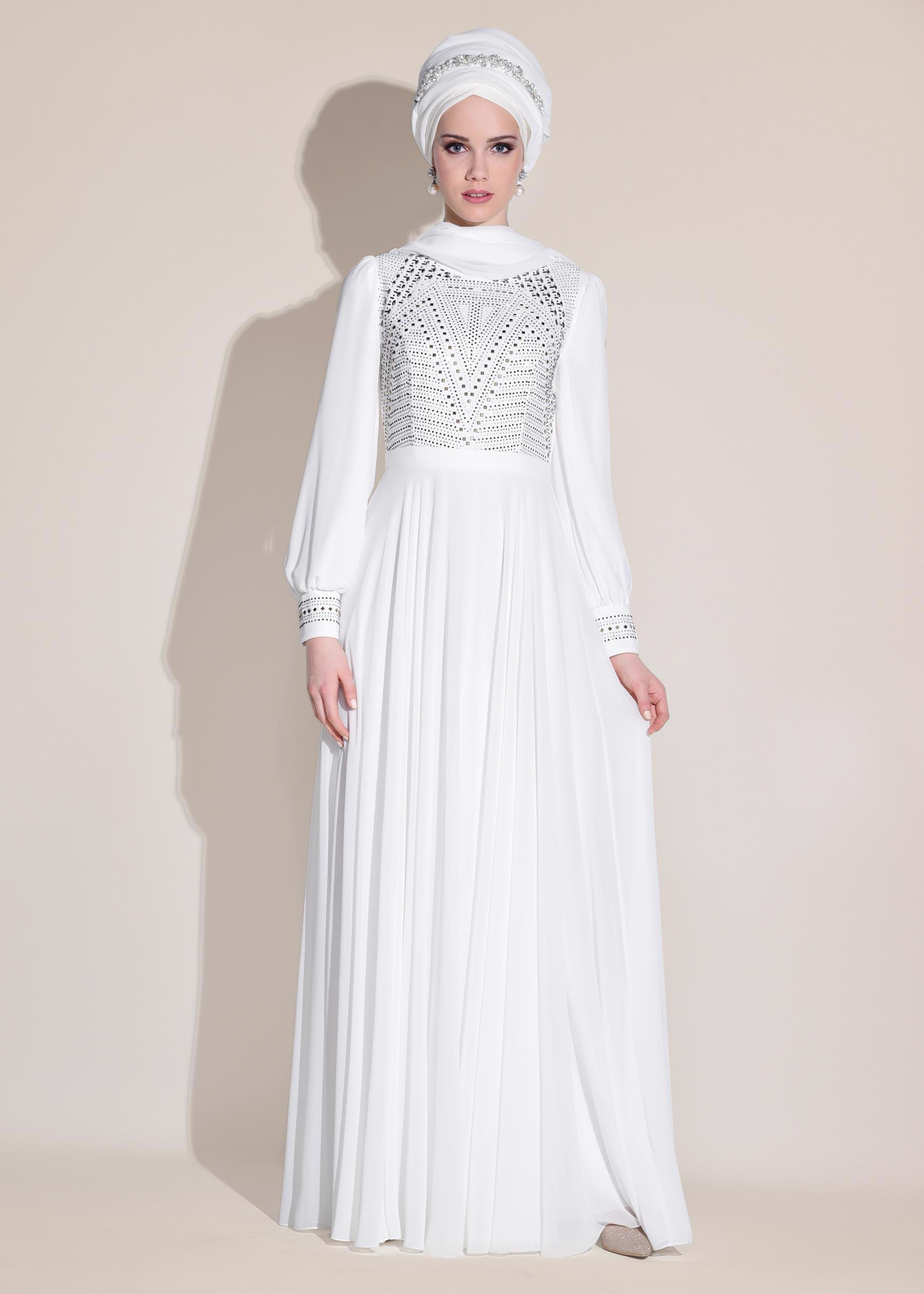 Tesettür giyim BEYAZ ŞİFON ABİYE ELBİSE 5426