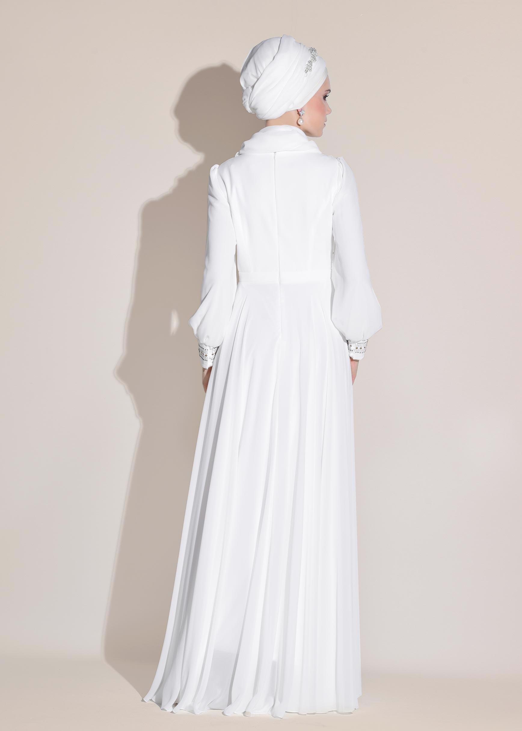 Tesettür giyim BEYAZ ŞİFON ABİYE ELBİSE 5426