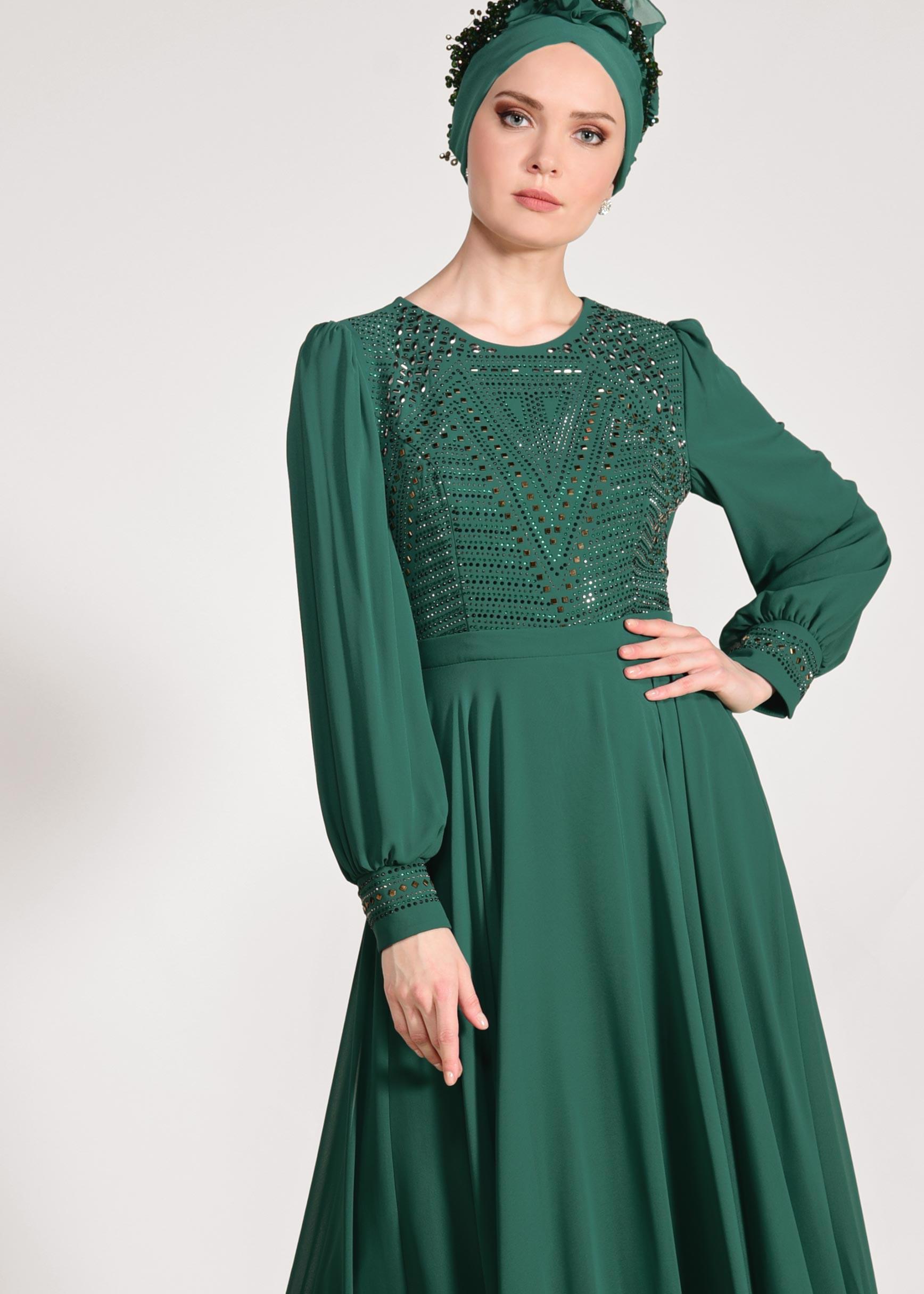 Tesettür giyim YEŞİL ŞİFON ABİYE ELBİSE 5426