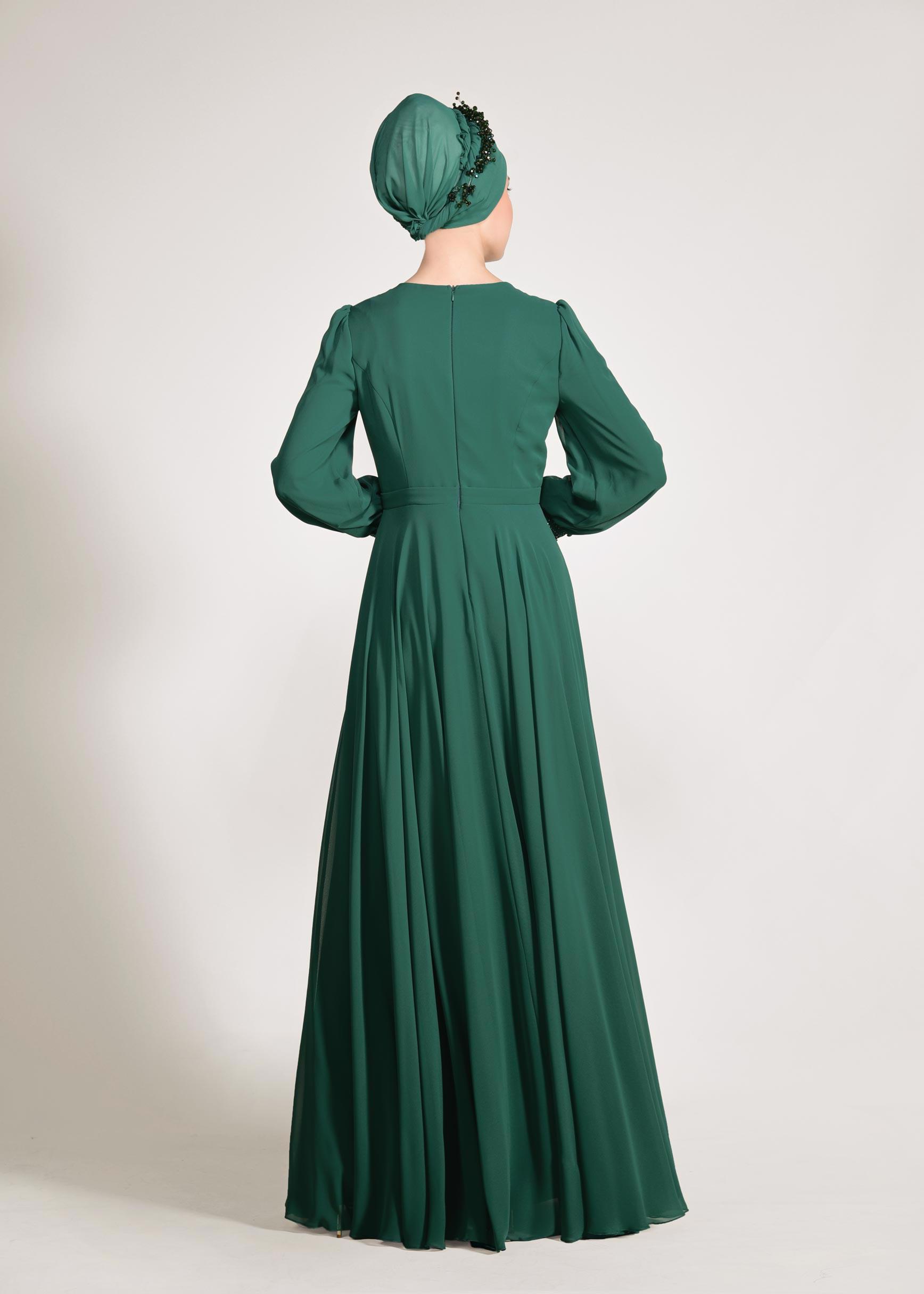 Tesettür giyim YEŞİL ŞİFON ABİYE ELBİSE 5426