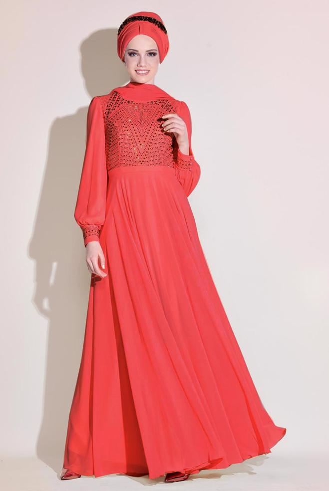Vêtements hijab CORAIL ROBE DE SOIRÉE EN MOUSSELINE 5426 - ALVİNA
