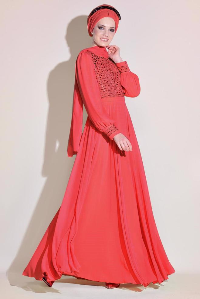 Vêtements hijab CORAIL ROBE DE SOIRÉE EN MOUSSELINE 5426 - ALVİNA
