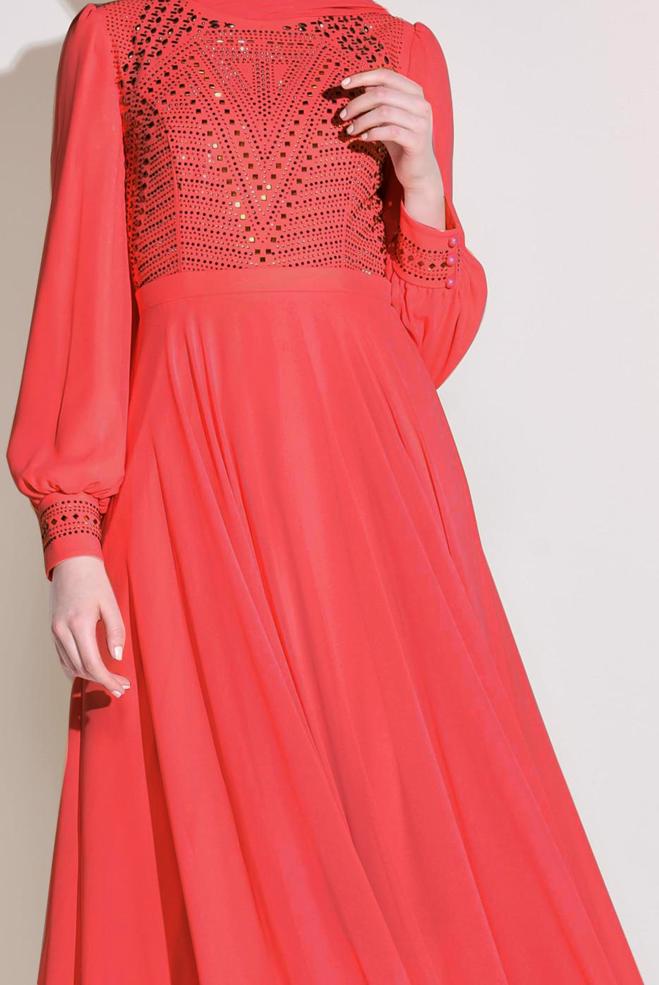 Vêtements hijab CORAIL ROBE DE SOIRÉE EN MOUSSELINE 5426 - ALVİNA