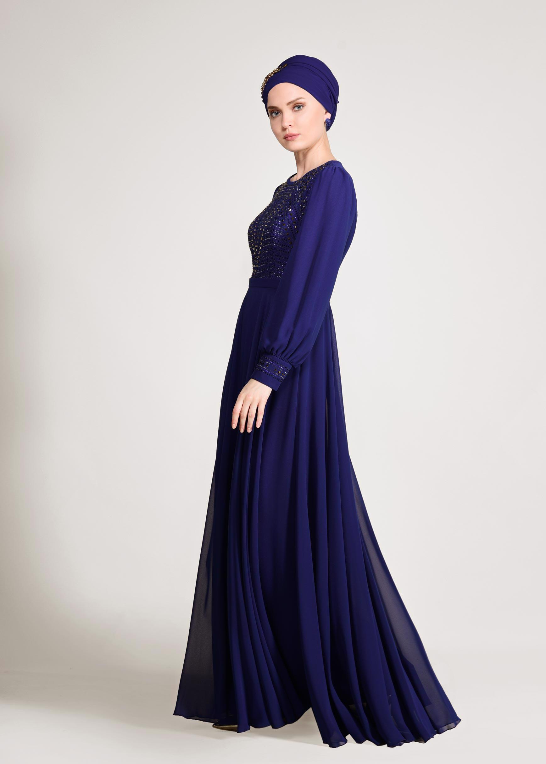 Tesettür giyim LACİVERT ŞİFON ABİYE ELBİSE 5426