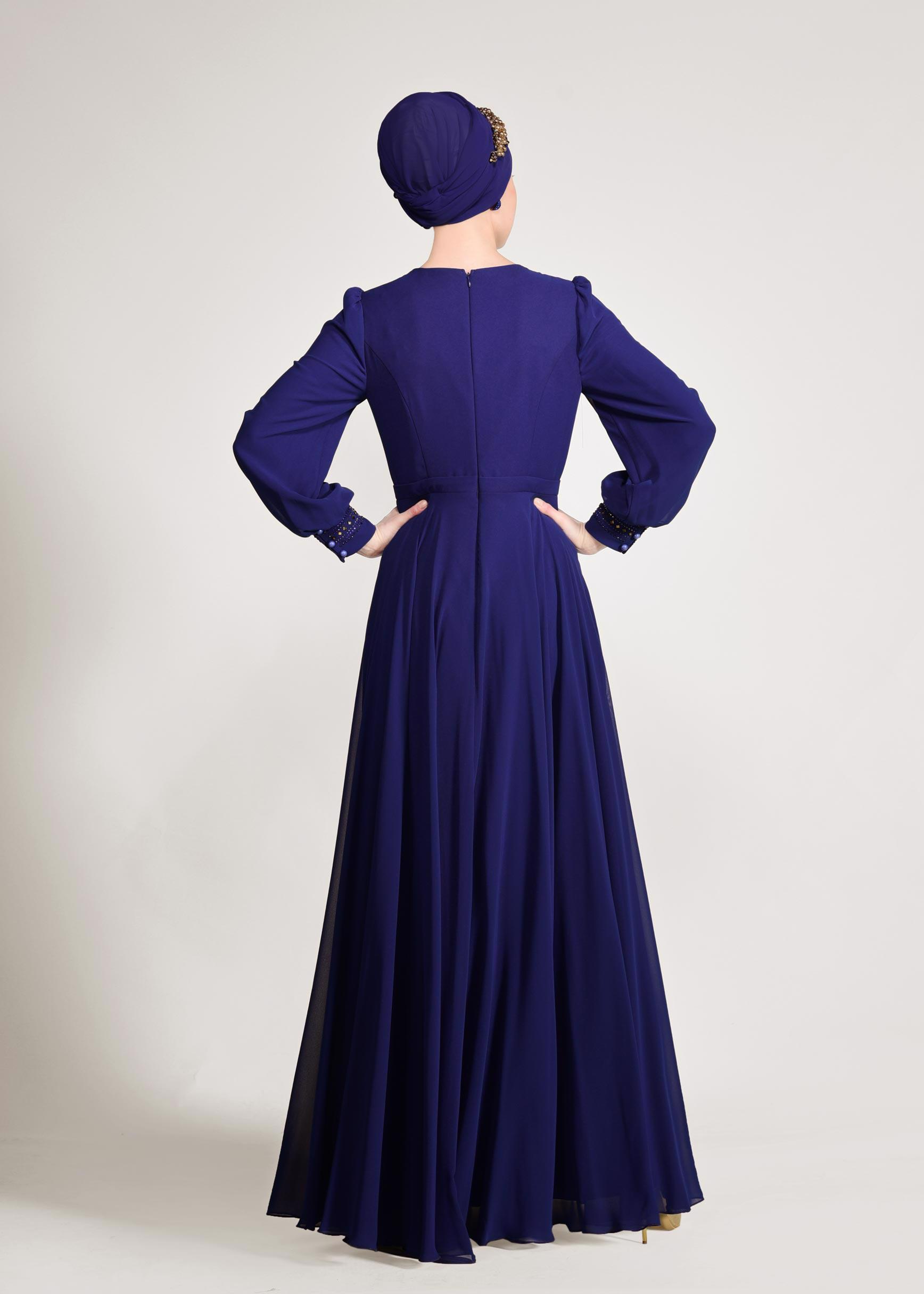 Tesettür giyim LACİVERT ŞİFON ABİYE ELBİSE 5426