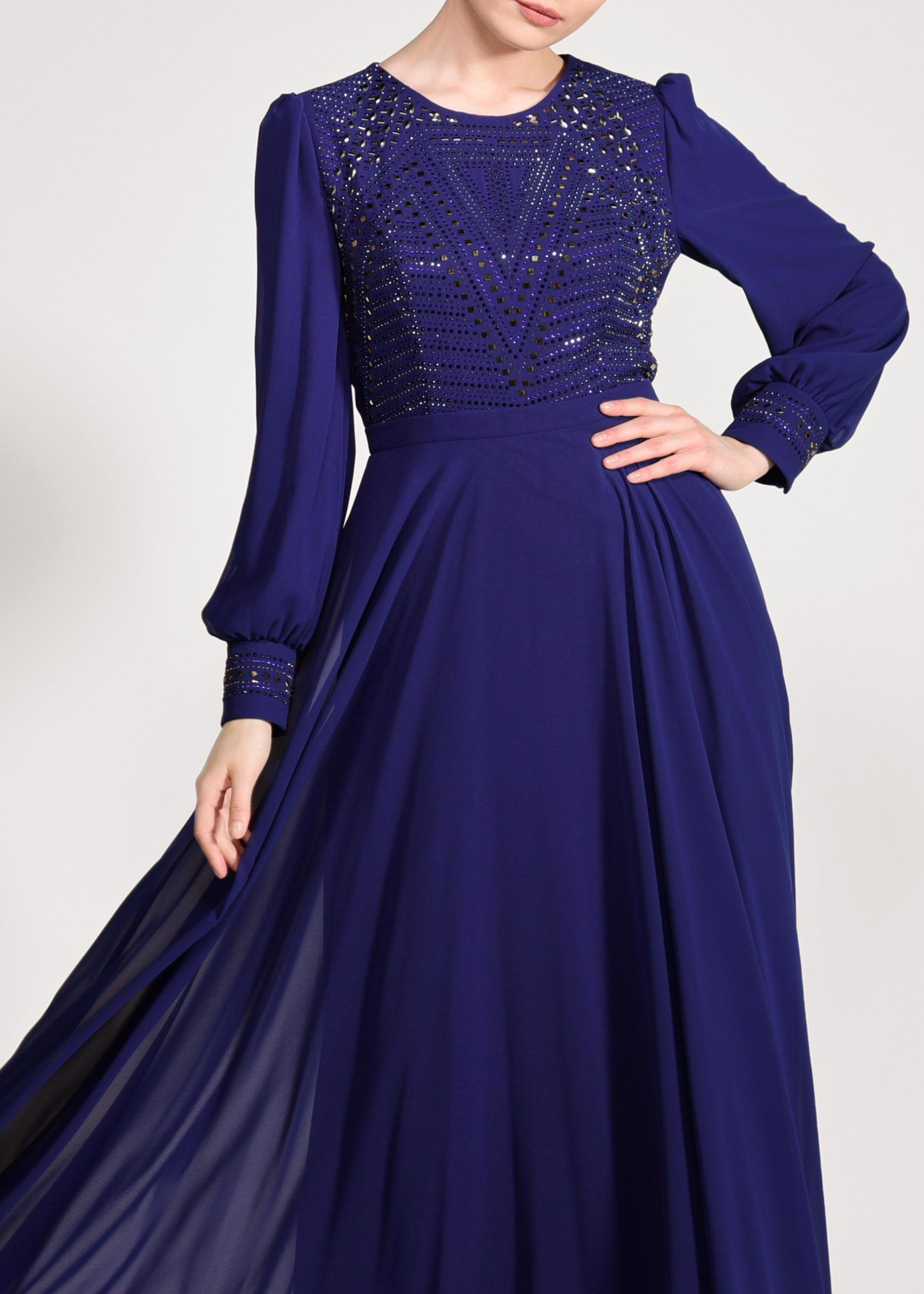 Tesettür giyim LACİVERT ŞİFON ABİYE ELBİSE 5426