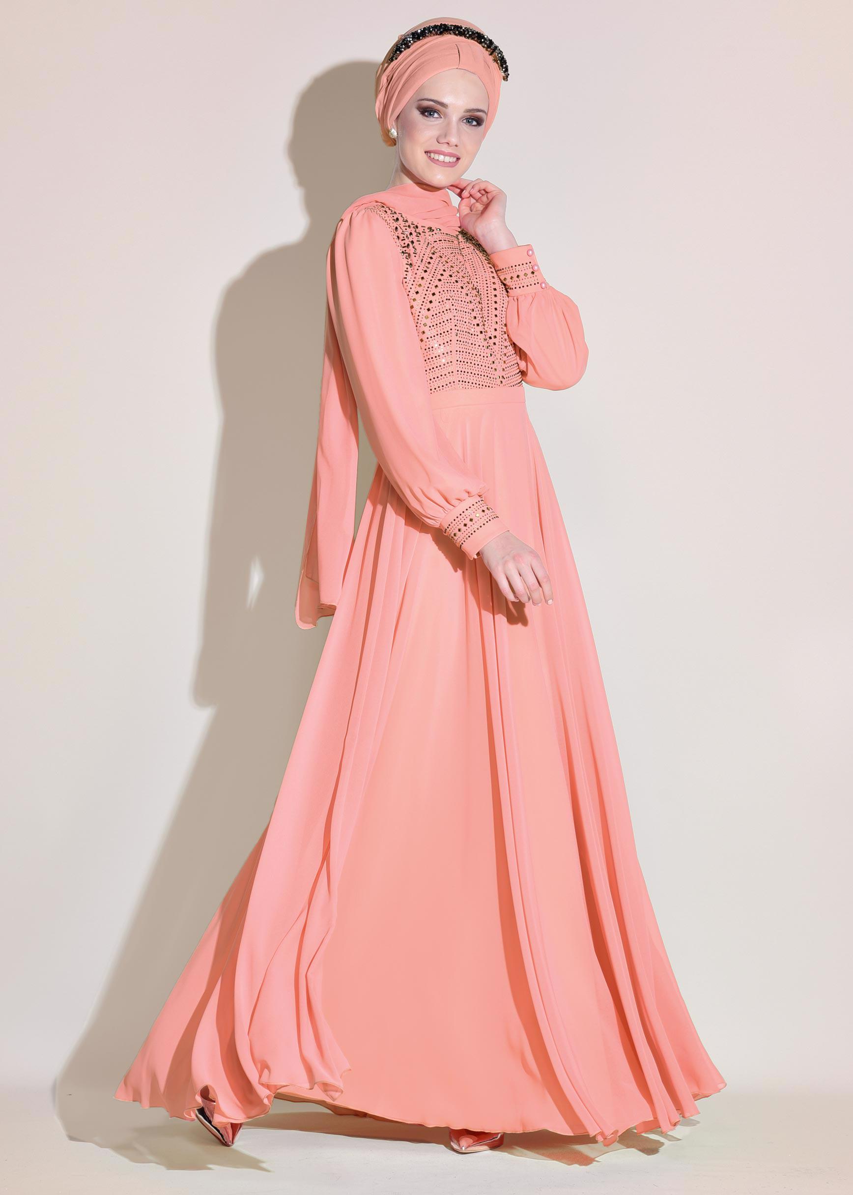 Tesettür giyim PUDRA ŞİFON ABİYE ELBİSE 5426