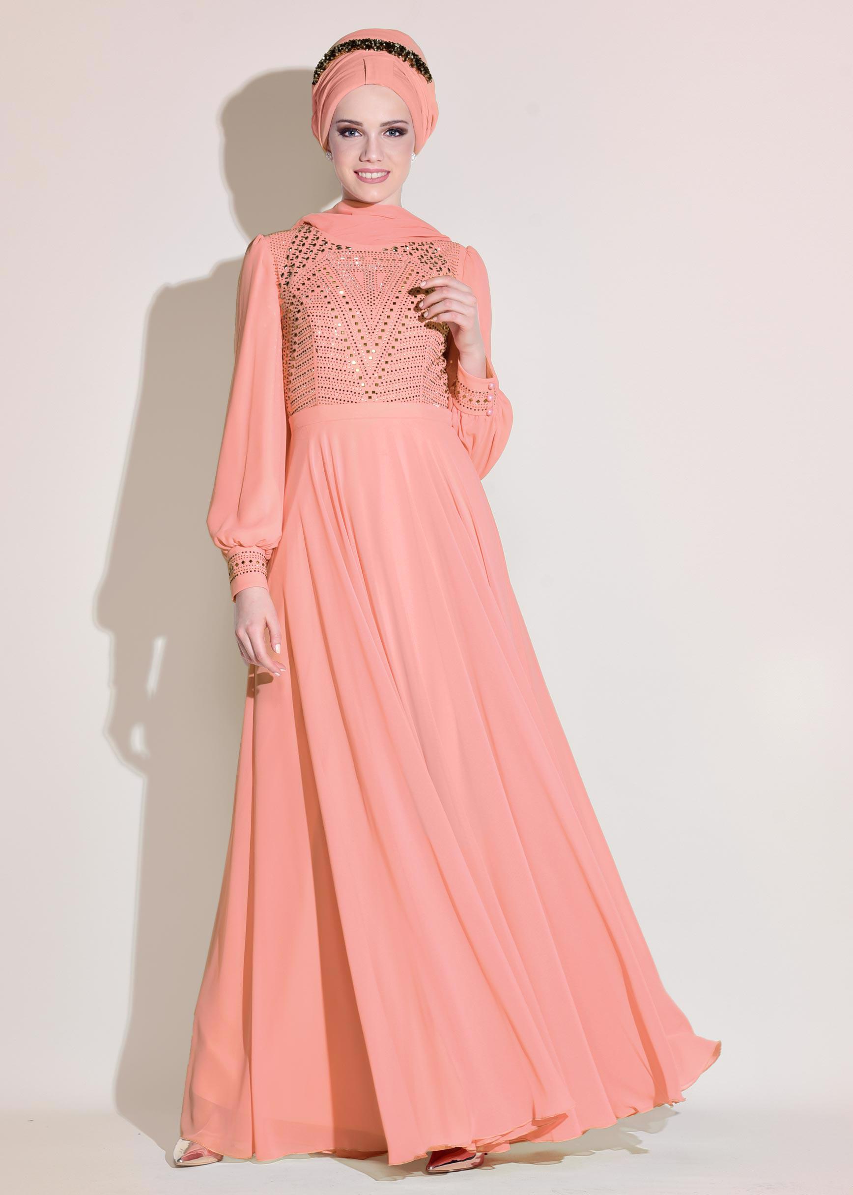 Tesettür giyim PUDRA ŞİFON ABİYE ELBİSE 5426