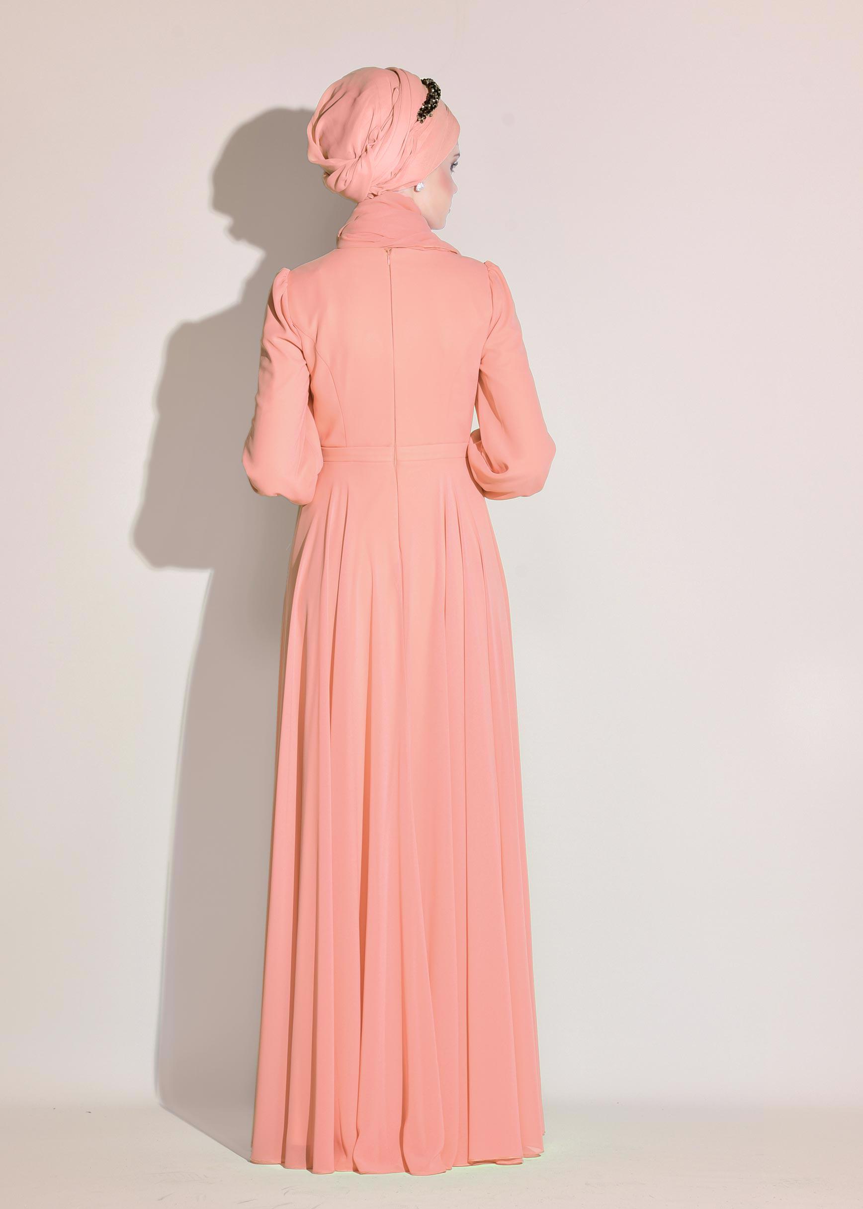 Tesettür giyim PUDRA ŞİFON ABİYE ELBİSE 5426