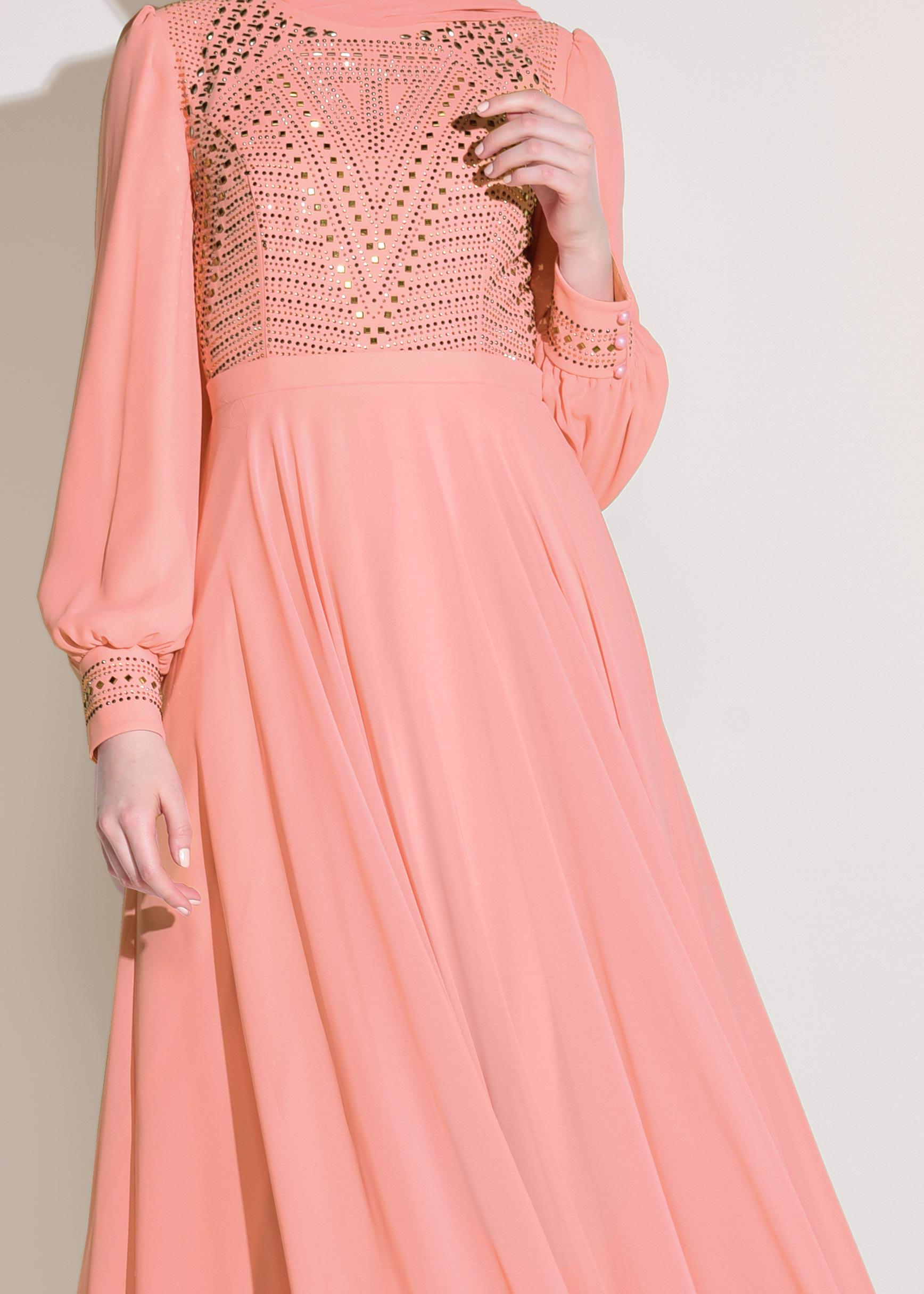 Tesettür giyim PUDRA ŞİFON ABİYE ELBİSE 5426