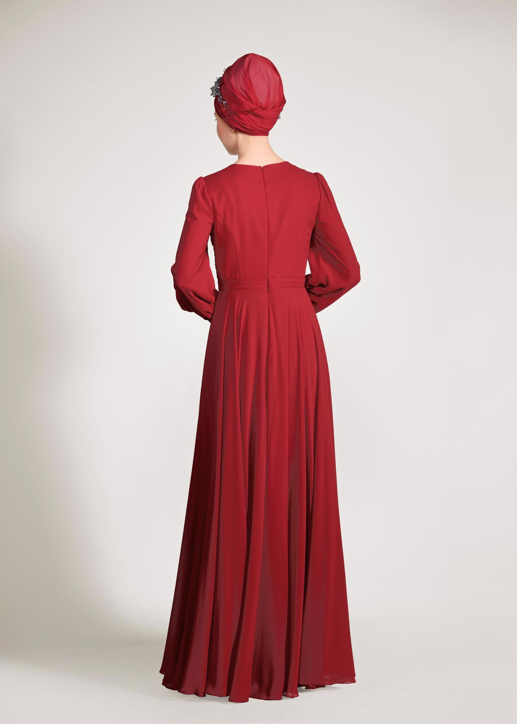 Tesettür giyim BORDO ŞİFON ABİYE ELBİSE 5426