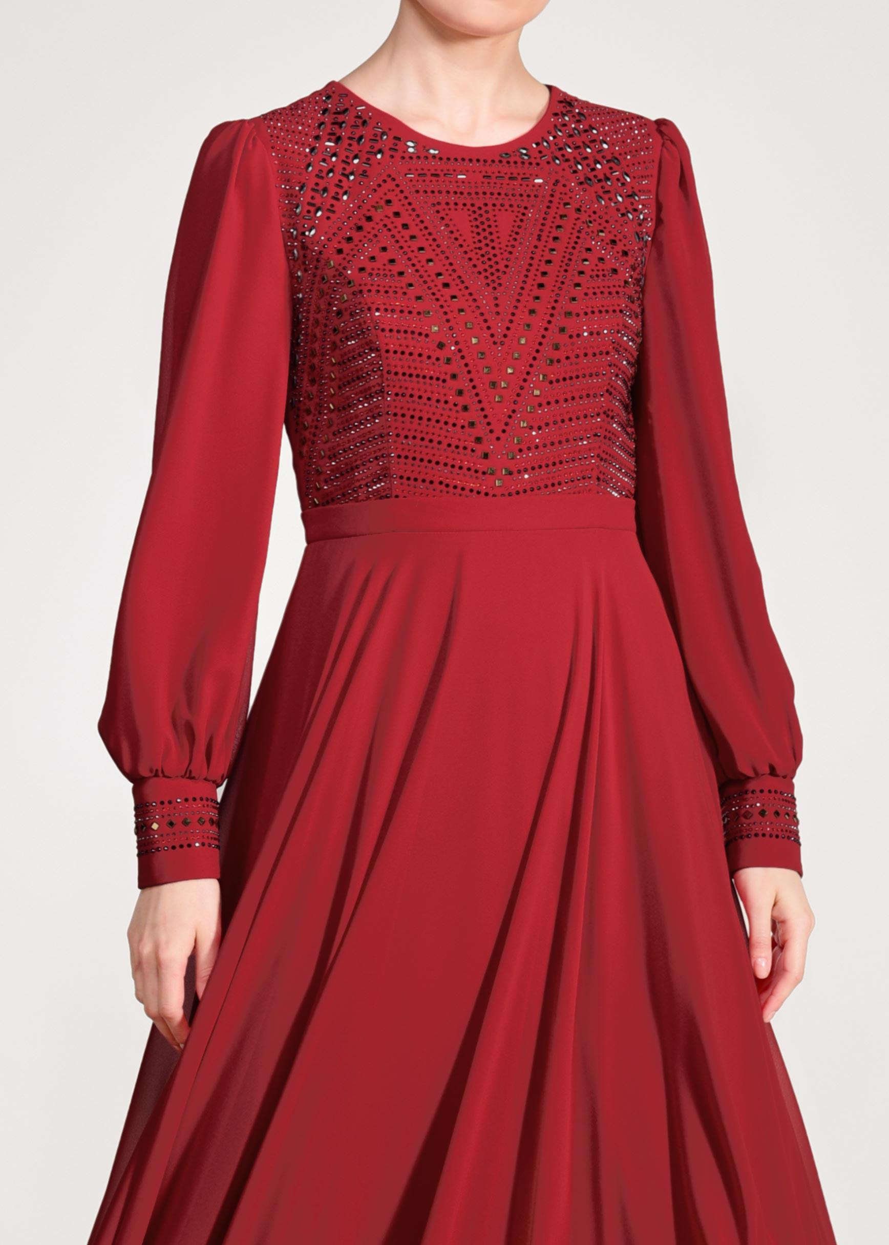 Tesettür giyim BORDO ŞİFON ABİYE ELBİSE 5426