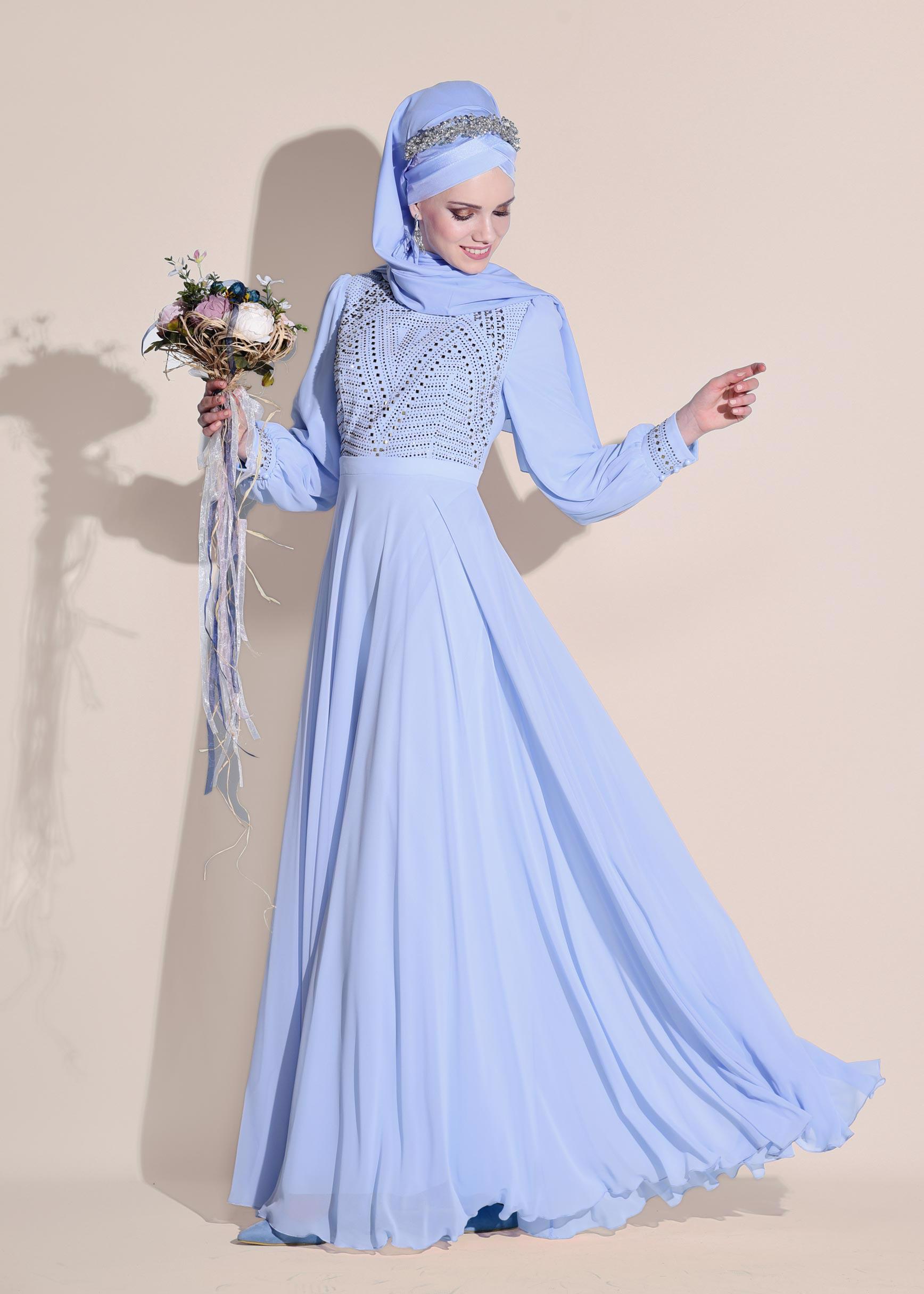 Tesettür giyim MAVİ ŞİFON ABİYE ELBİSE 5426