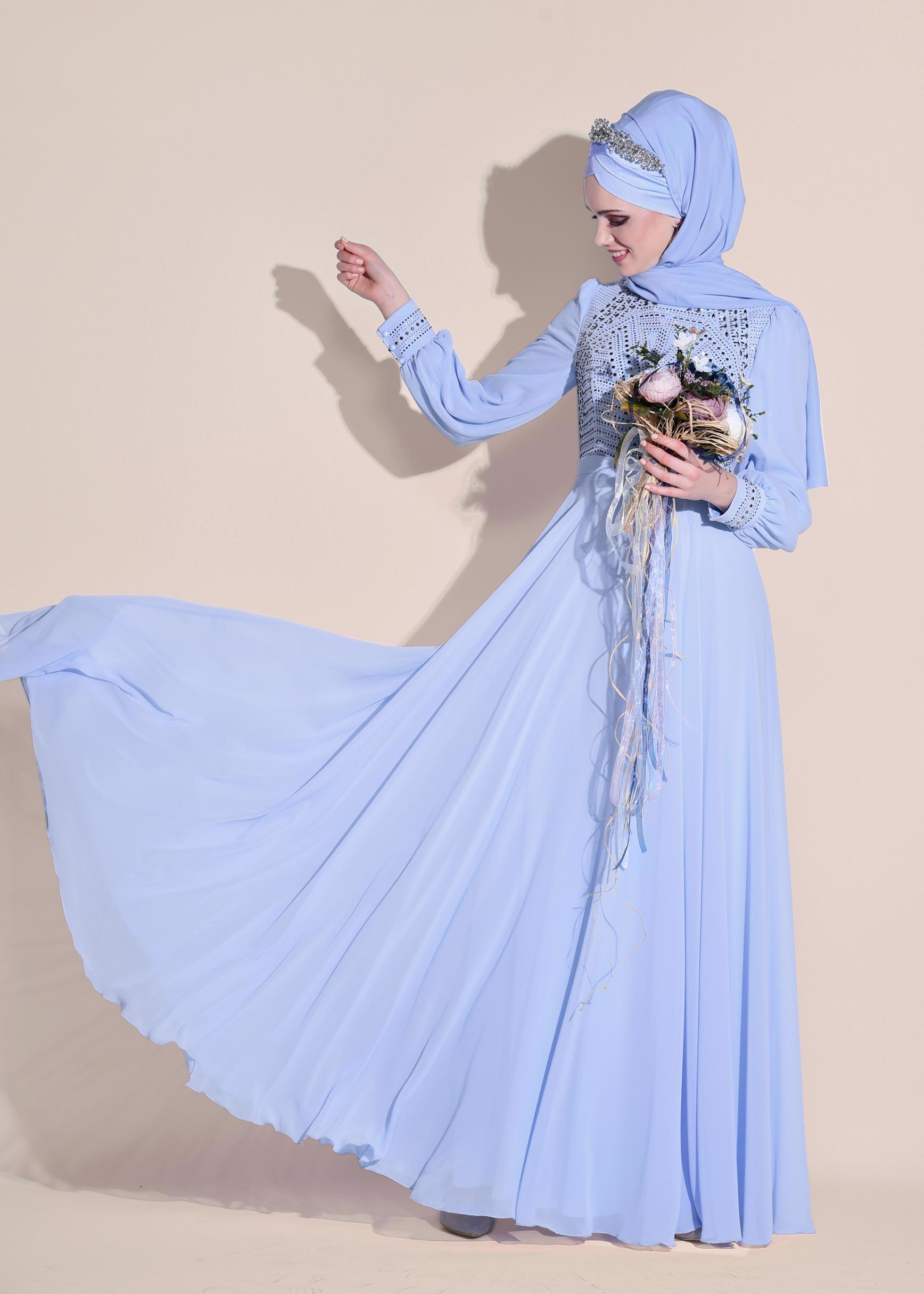 Tesettür giyim MAVİ ŞİFON ABİYE ELBİSE 5426