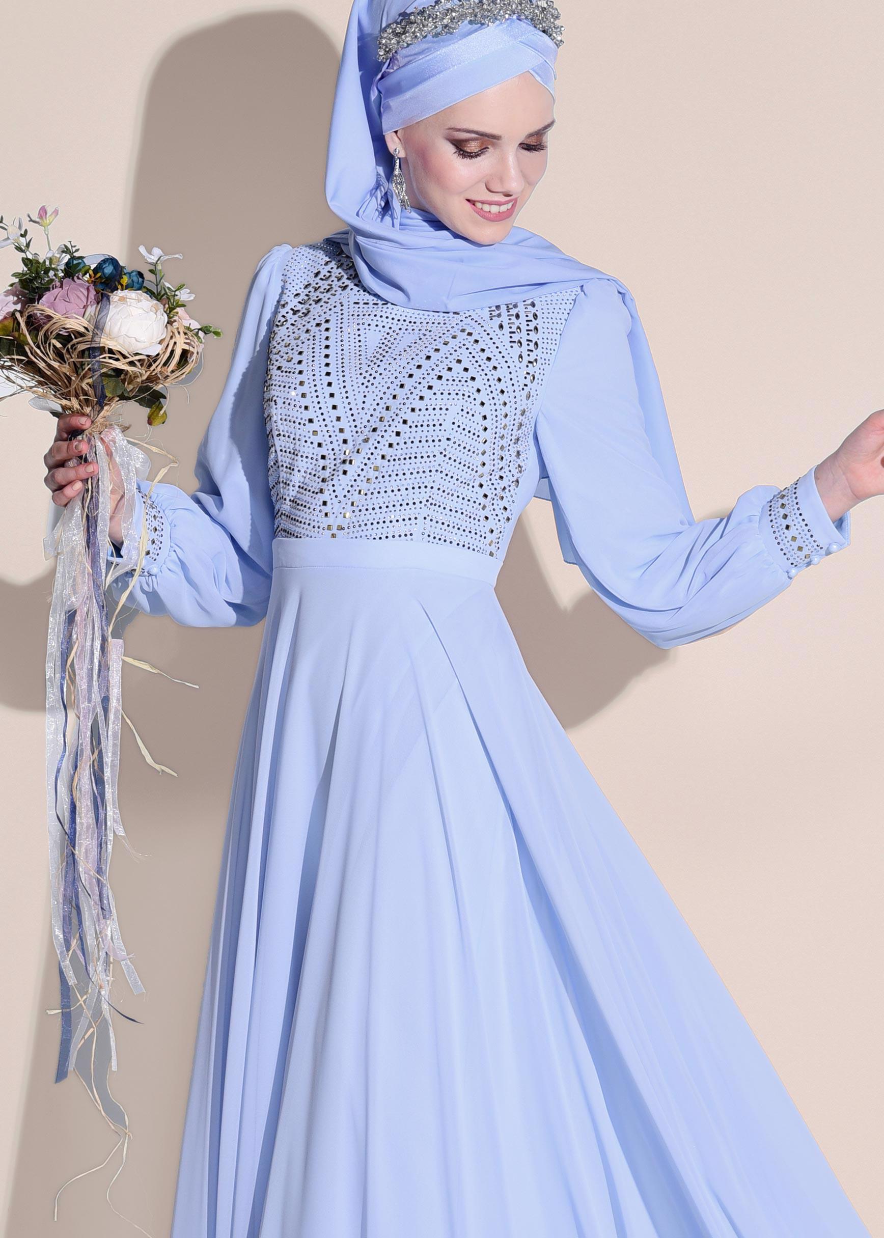 Tesettür giyim MAVİ ŞİFON ABİYE ELBİSE 5426