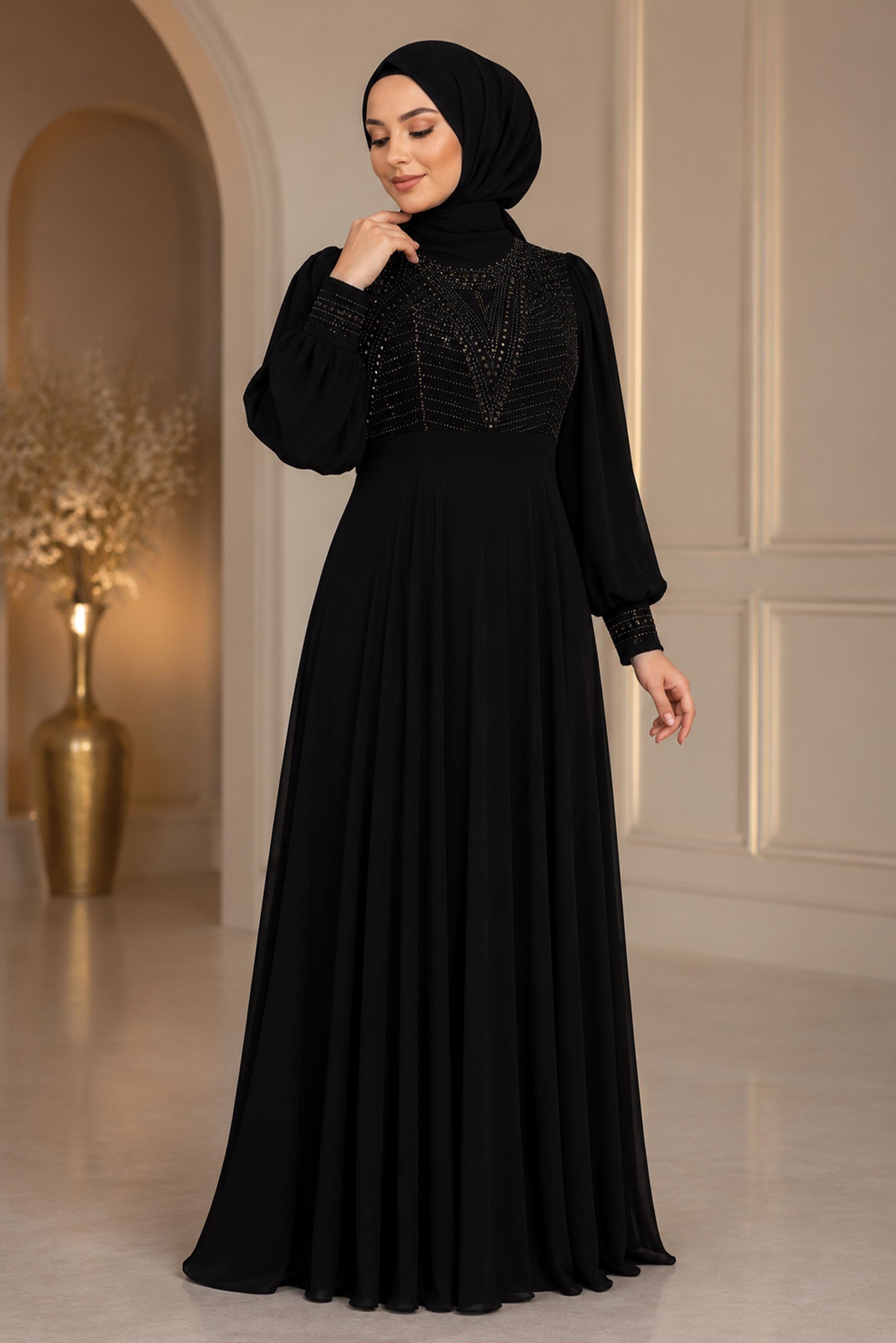 Tesettür giyim SİYAH TAŞ BASKILI MULTİ ŞİFON ABİYE ELBİSE 5427